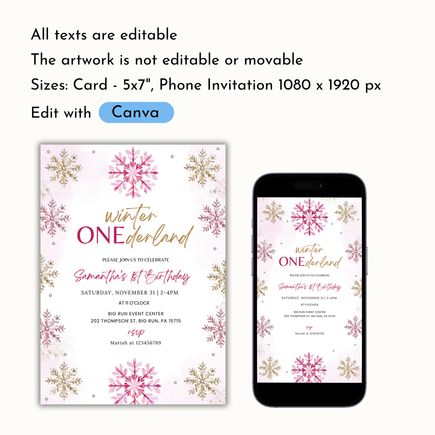 Winter 1st Birthday Invitation - Pink