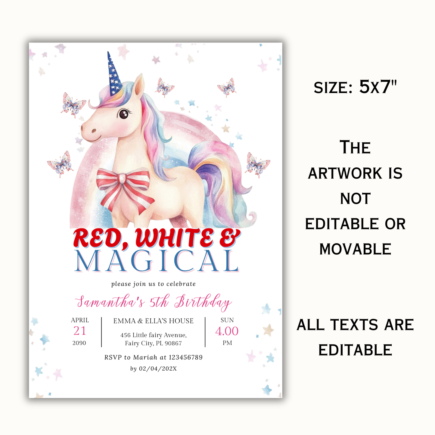 Patriotic Unicorn Birthday Invitation