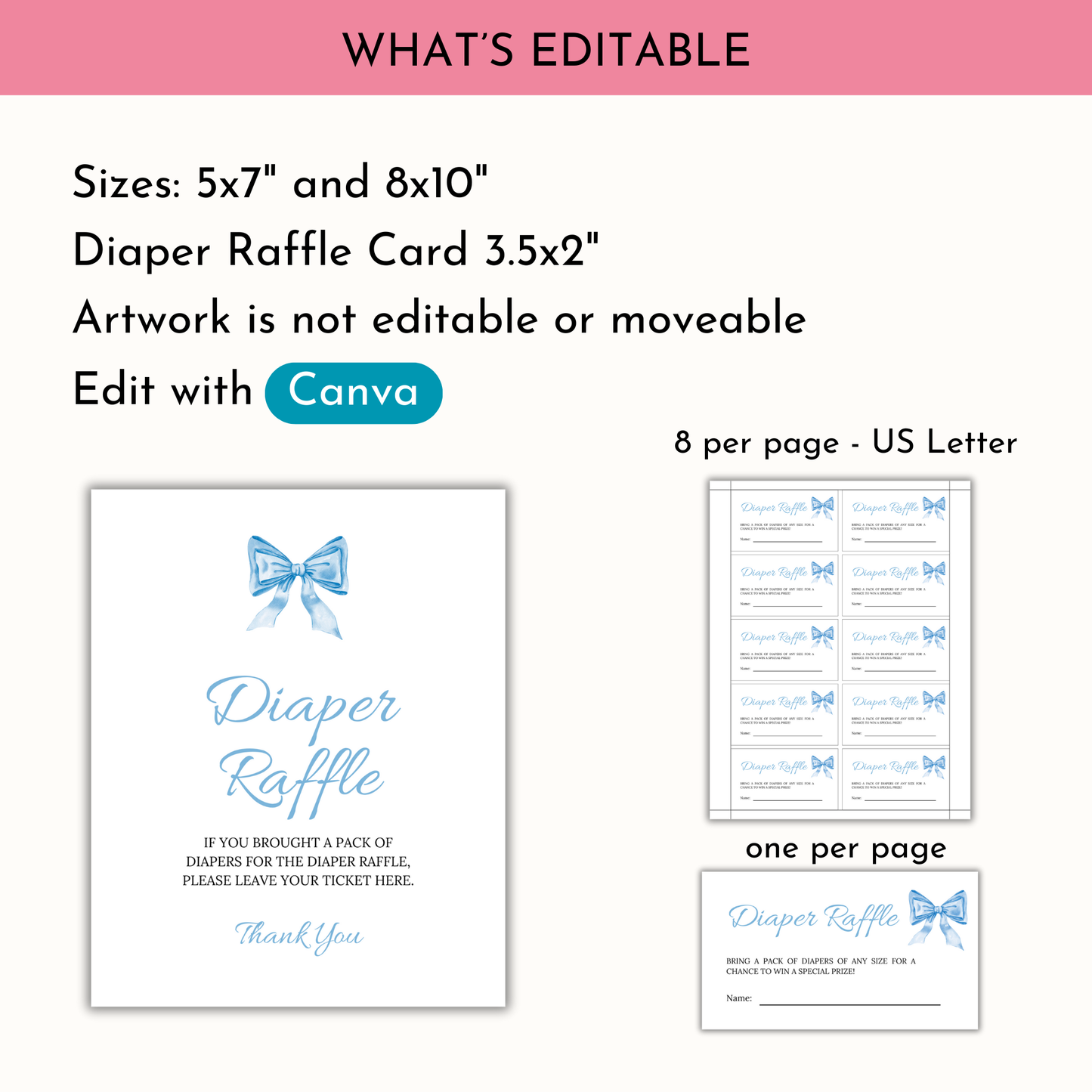 Diaper Raffle Sign and Card - Blue Bow