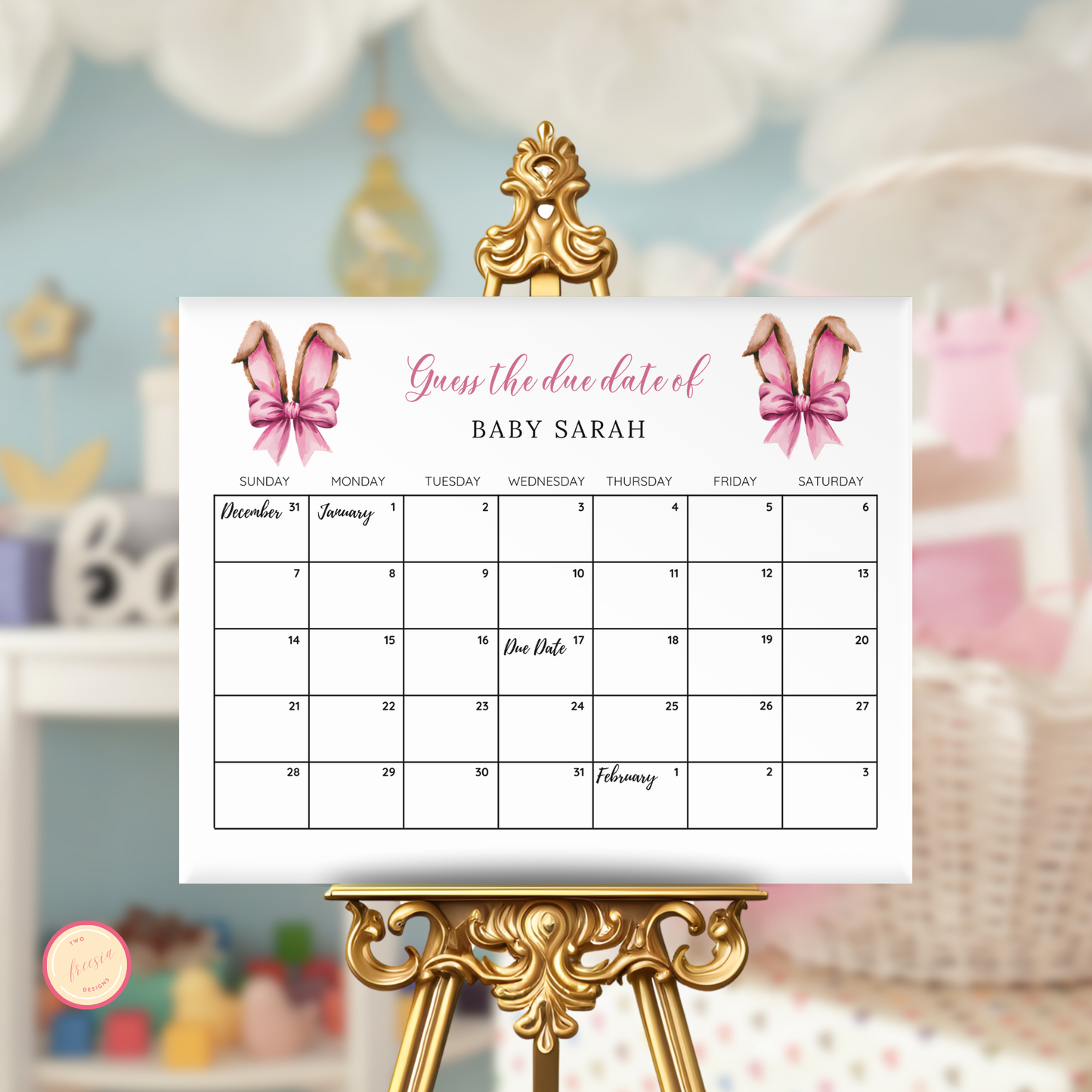 Pink Bunny Ears Baby Shower Due Date Calendar