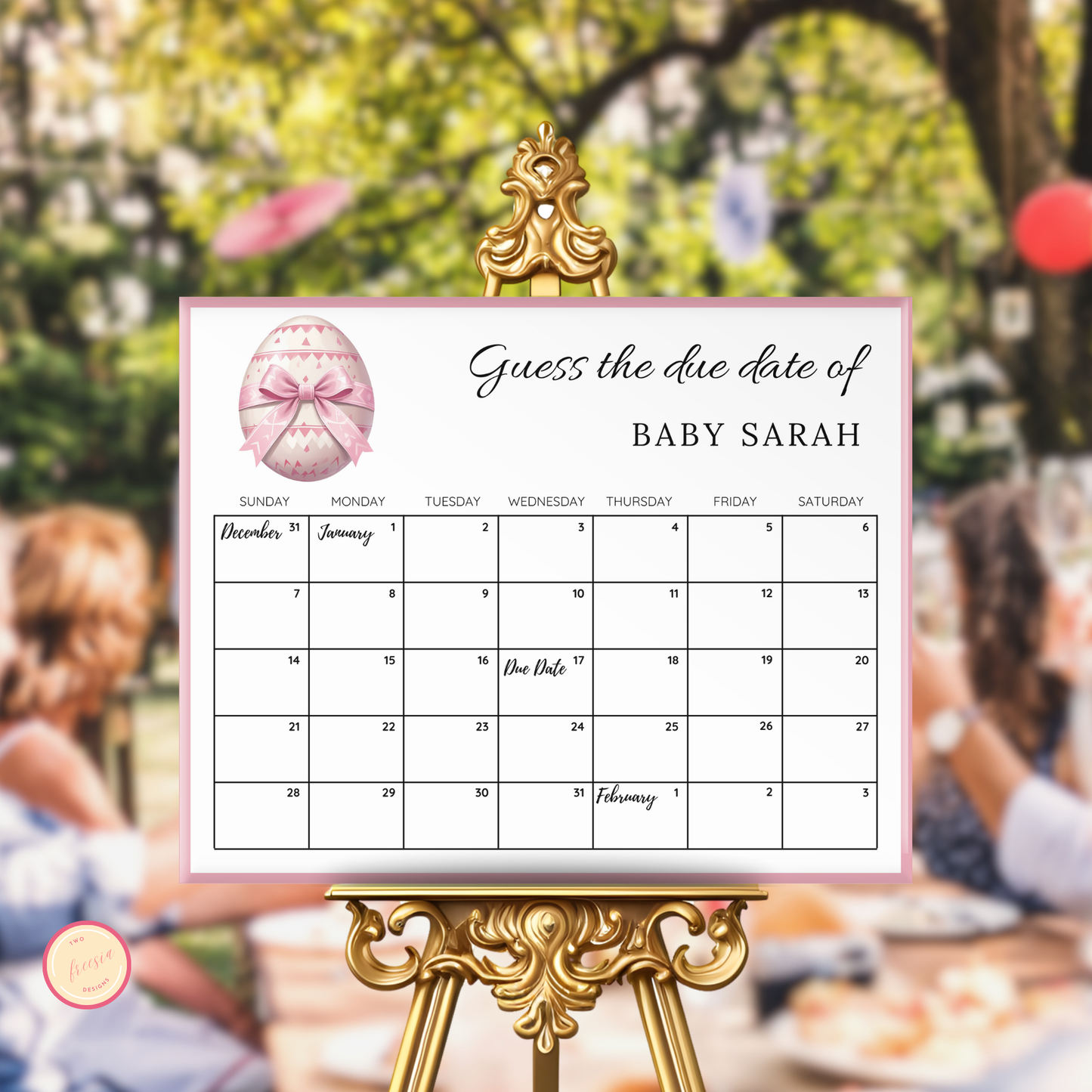 Pink Easter Egg Baby Shower Due Date Calendar
