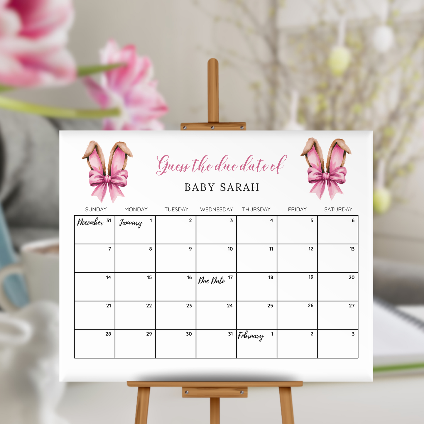 Pink Bunny Ears Baby Shower Due Date Calendar