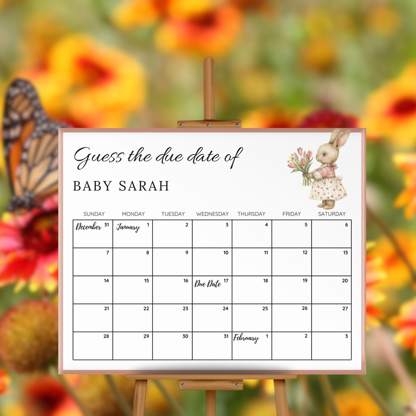 Girl Bunny Rabbit Baby Shower Due Date Calendar