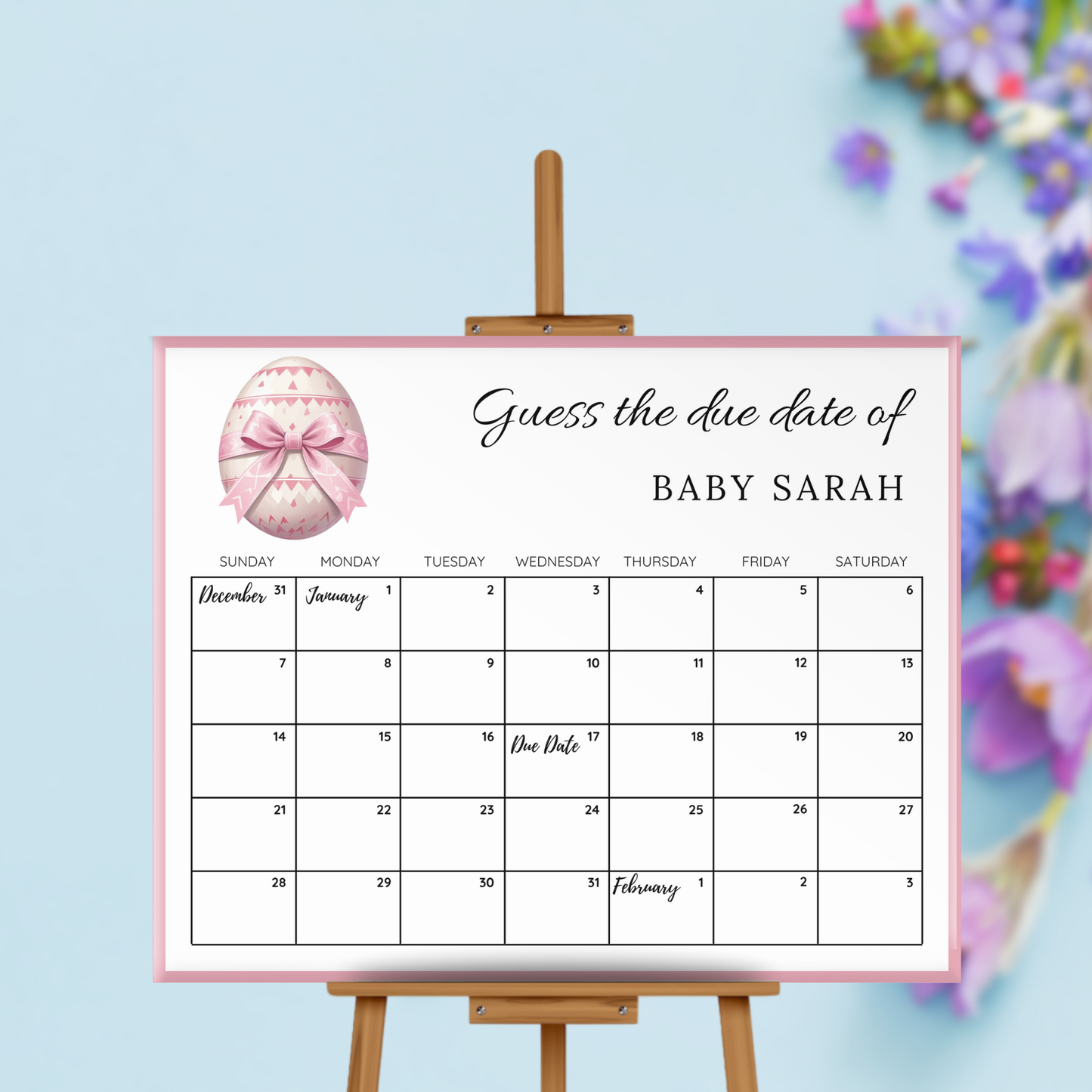Pink Easter Egg Baby Shower Due Date Calendar