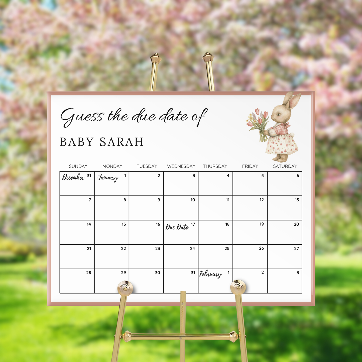 Girl Bunny Rabbit Baby Shower Due Date Calendar