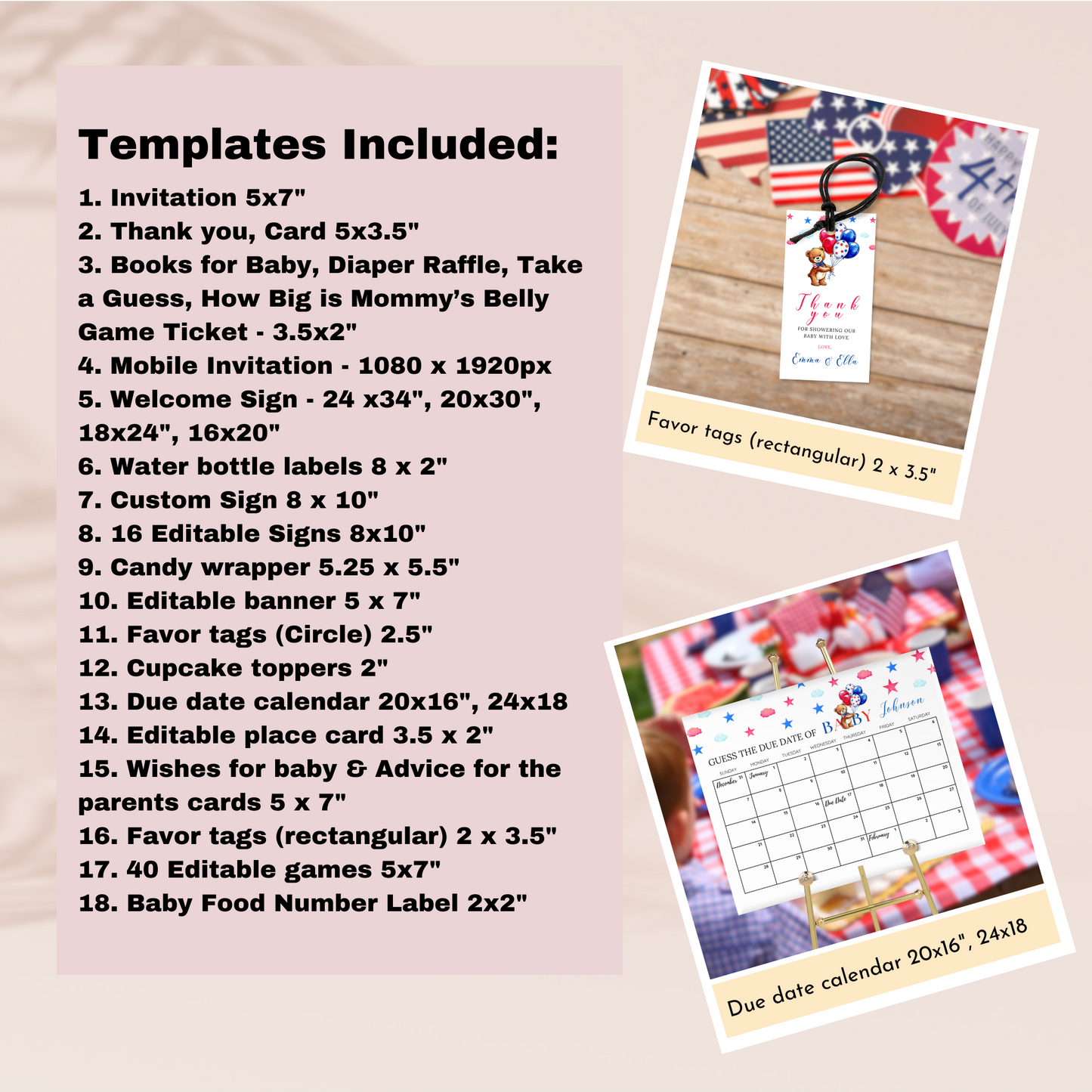 Patriotic Baby Shower Template Bundle - Bear