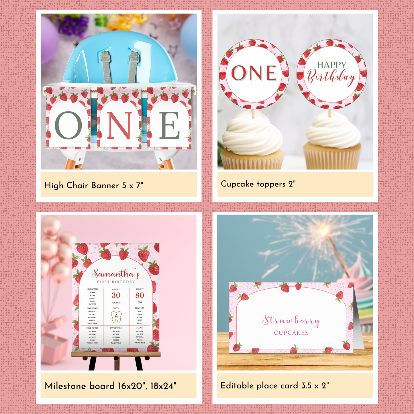 Strawberry 1st Birthday Template Bundle #1