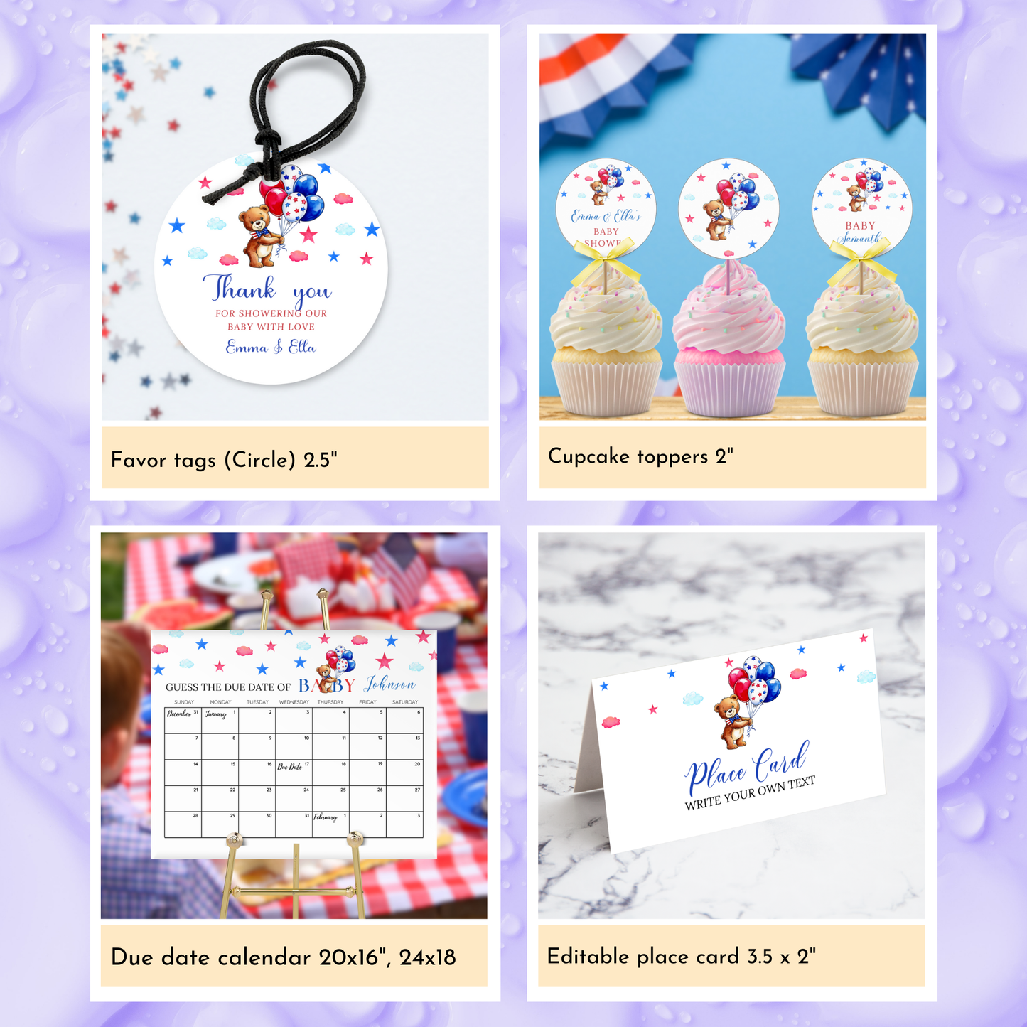 Patriotic Baby Shower Template Bundle - Bear