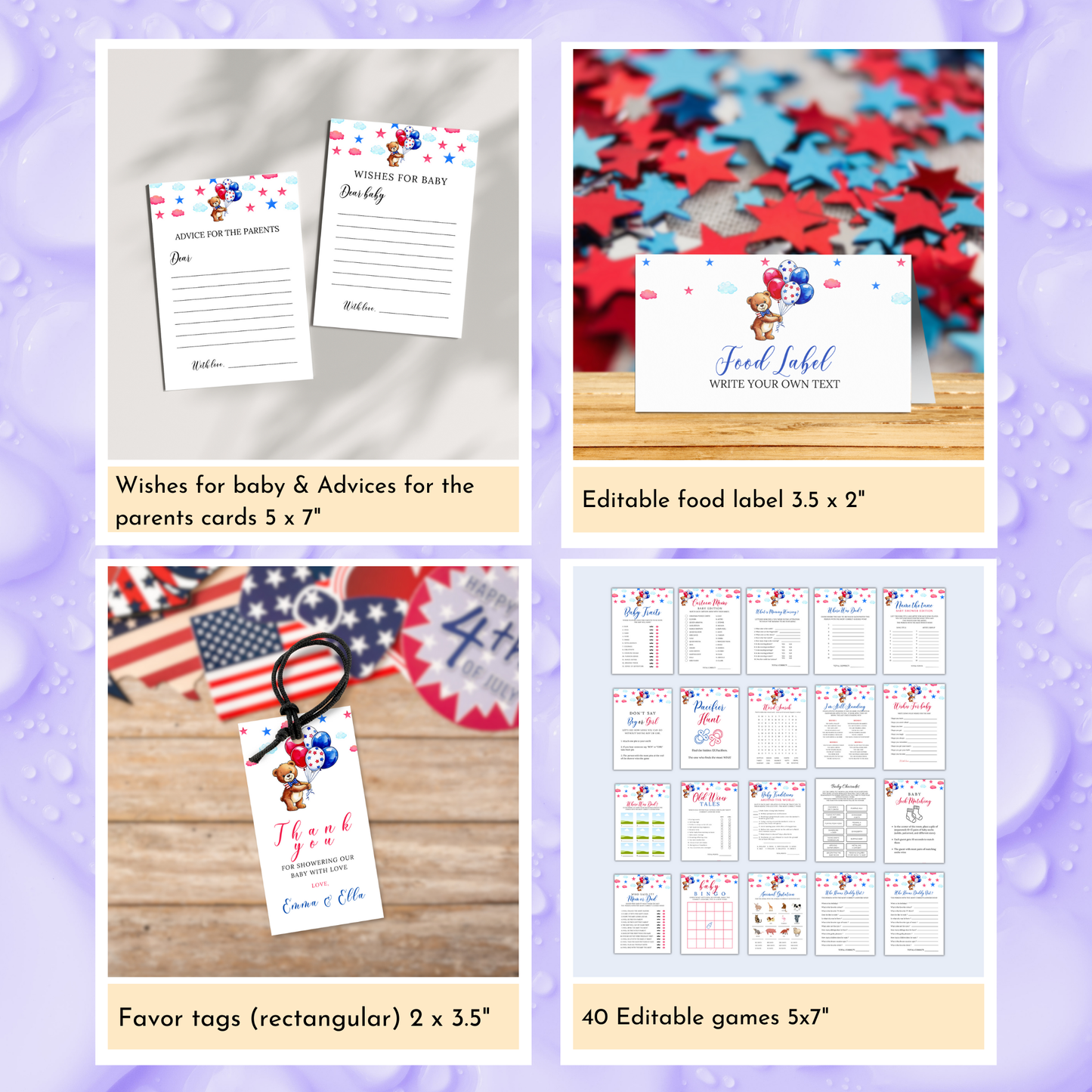 Patriotic Baby Shower Template Bundle - Bear