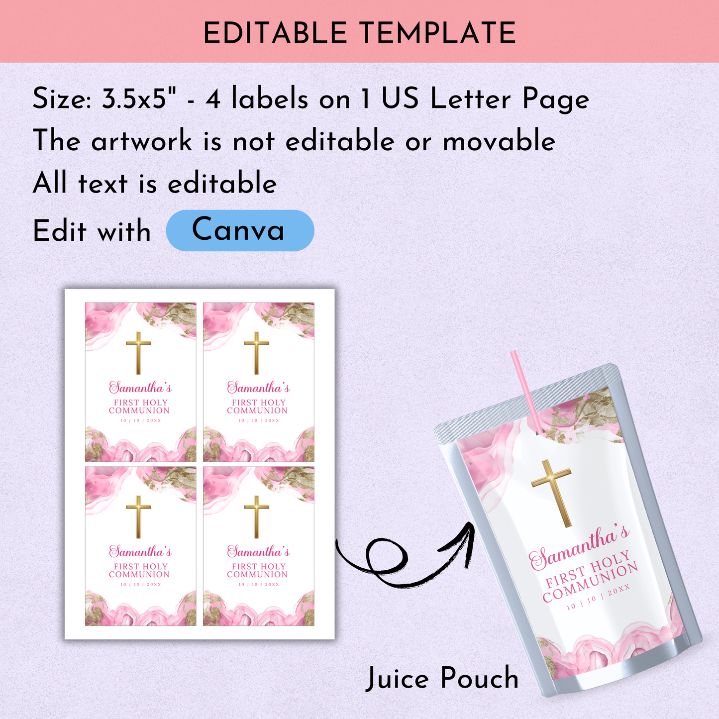 1st Holy Communion Juice Label - Pink