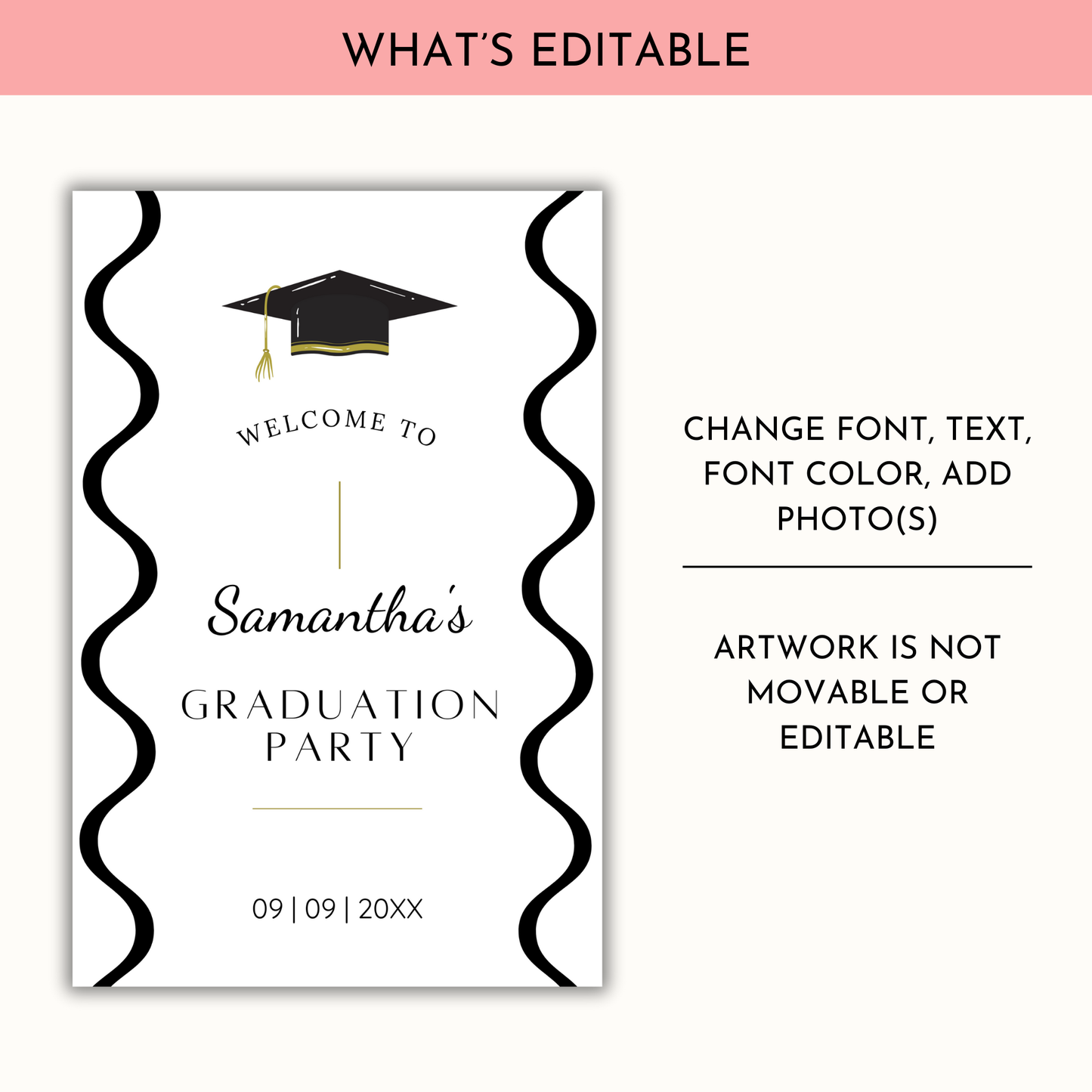 Graduation Party Welcome Sign Template - Wavy Black & White