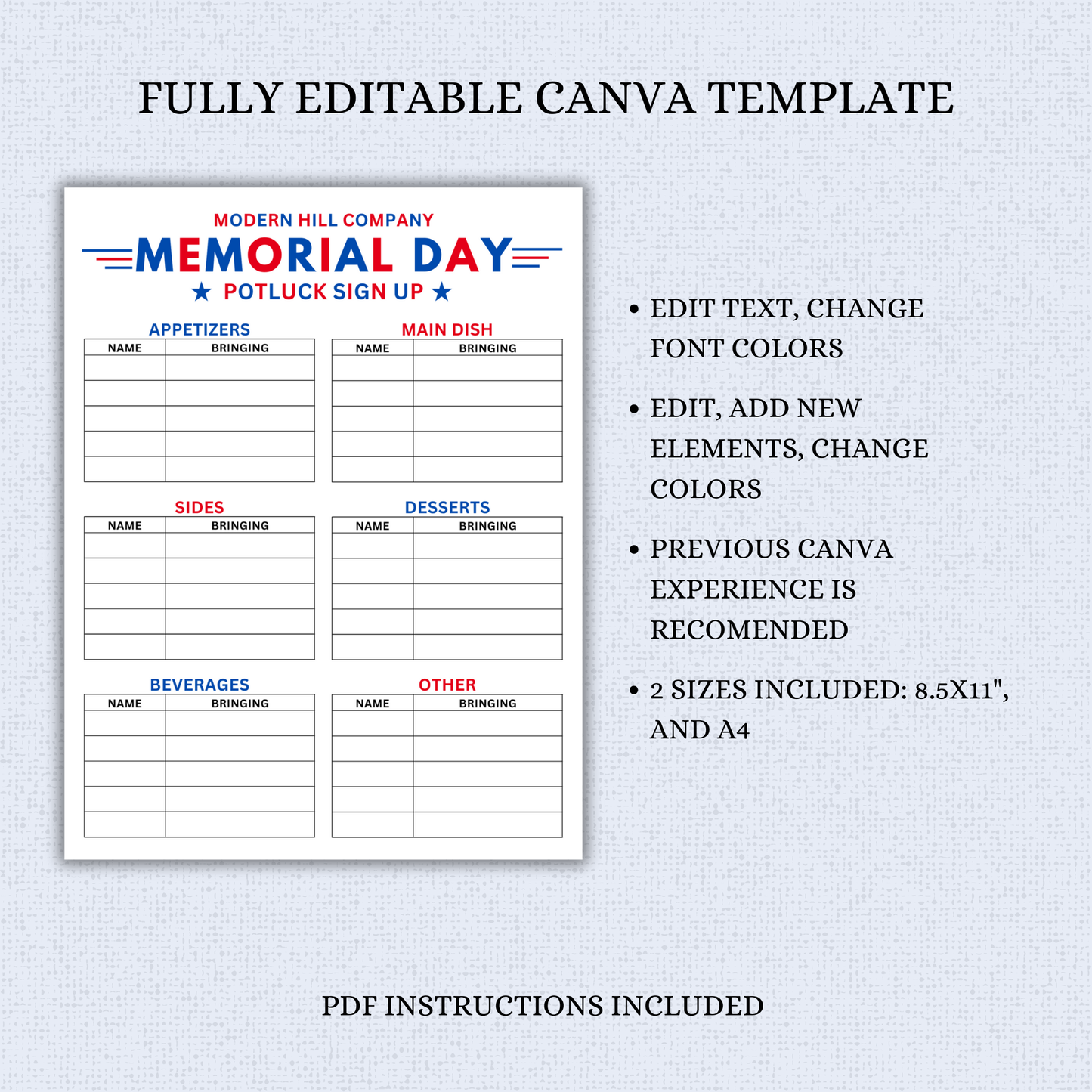 Memorial Day Potluck Sign Up Sheet Template