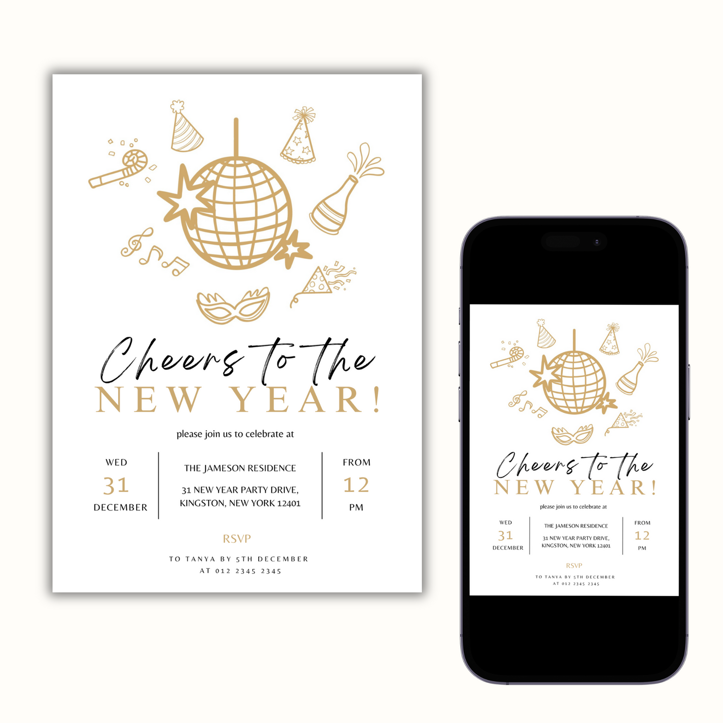 Gold Minimalist New Year's Eve Party Invitation