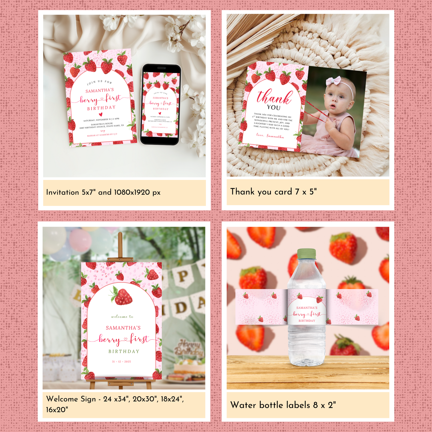 Strawberry 1st Birthday Template Bundle #1