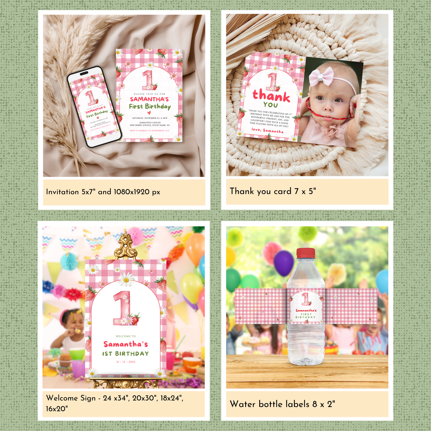 Strawberry 1st Birthday Template Bundle #2