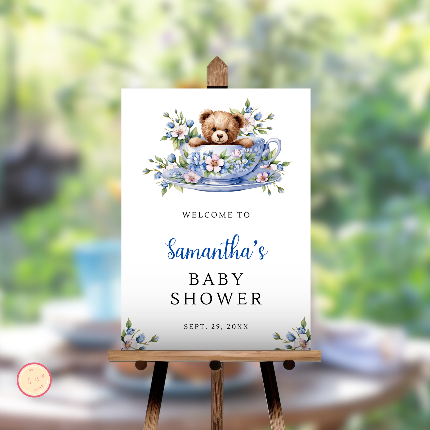 Time for Tea Baby Shower Welcome Sign - Blue Floral