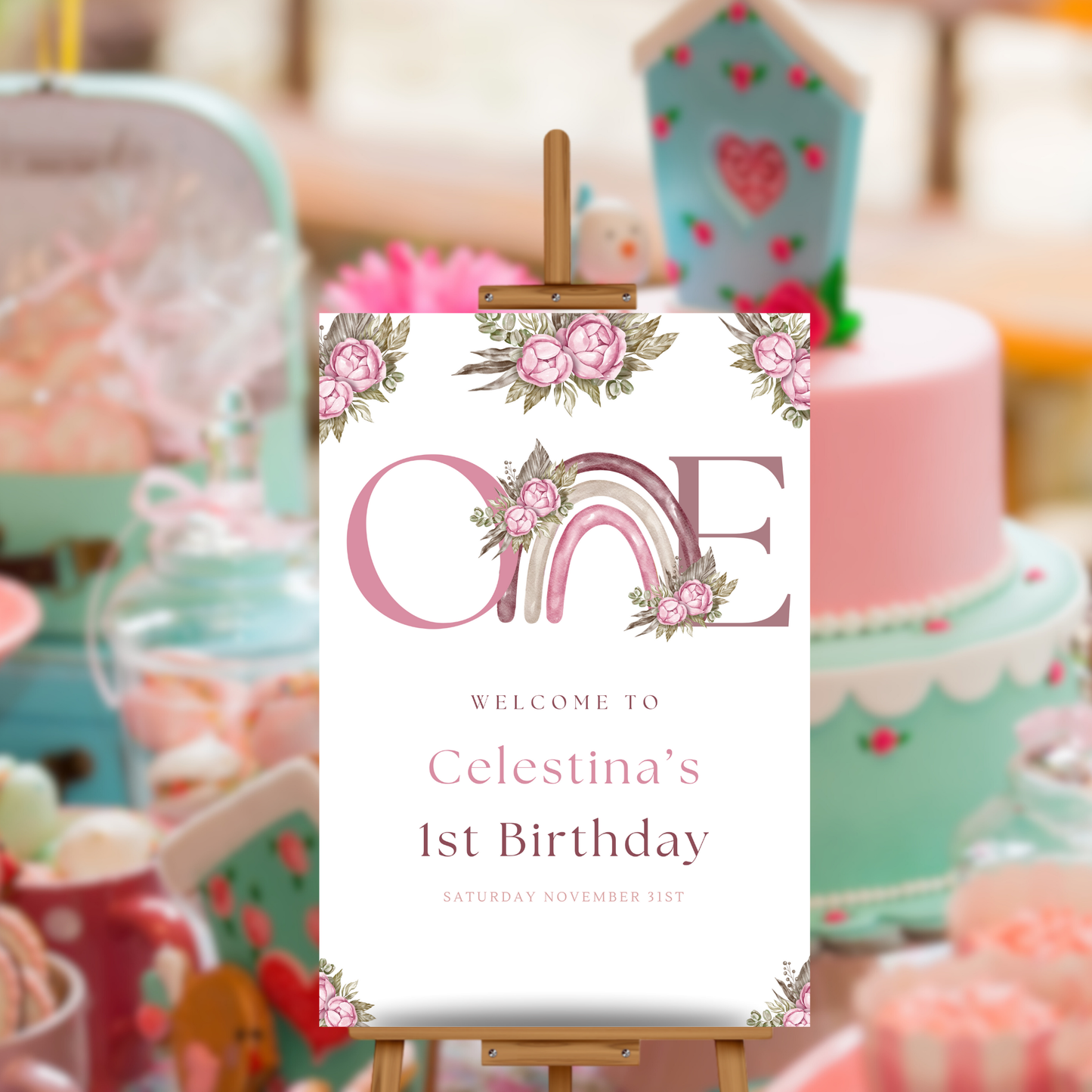 Pink Boho Rainbow 1st Birthday Welcome Sign
