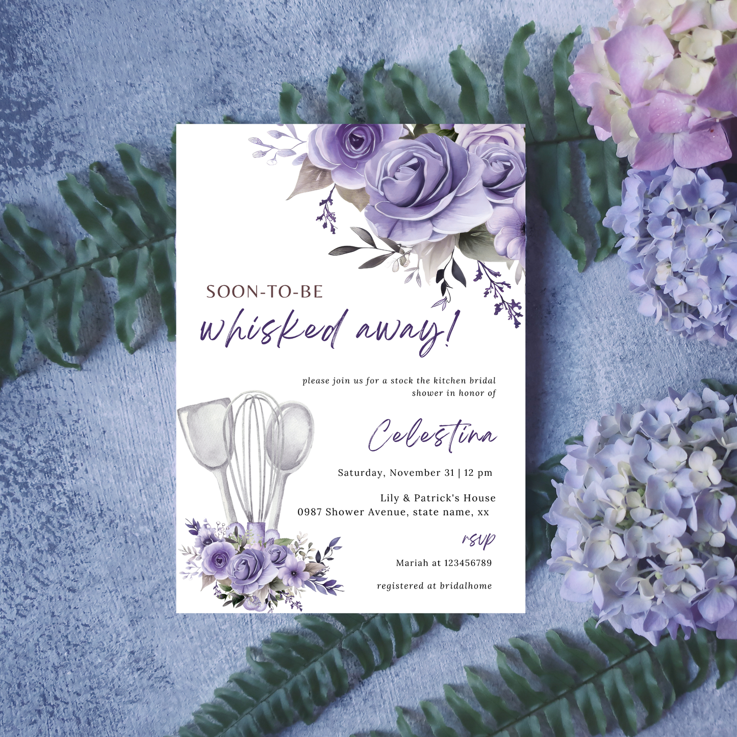 Whisked Away Bridal Shower Invitation Bundle - Purple Floral