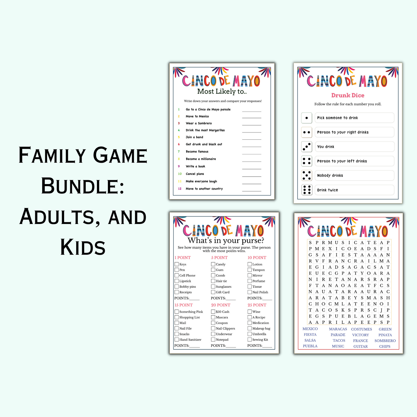 Cinco de Mayo Game Bundle for Adults & Kids (14 Games)