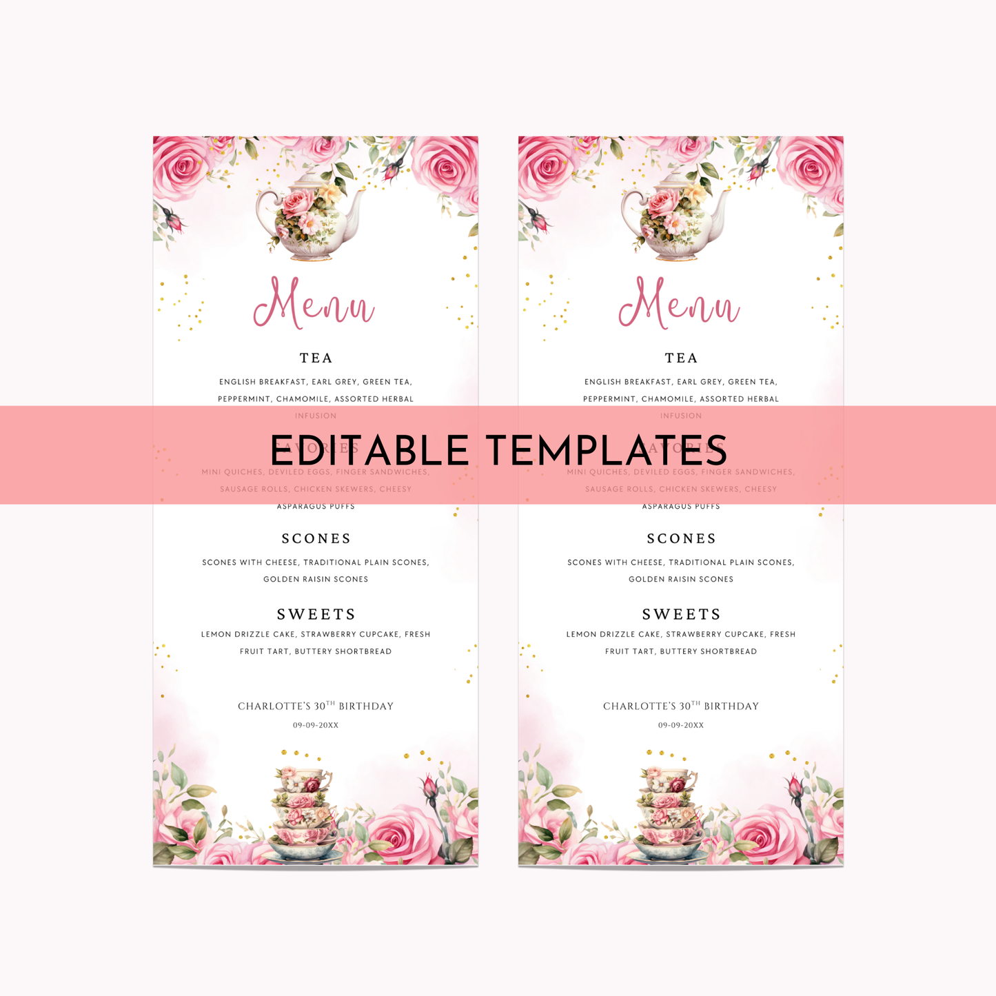 Tea Party Menu Template - Pink Floral