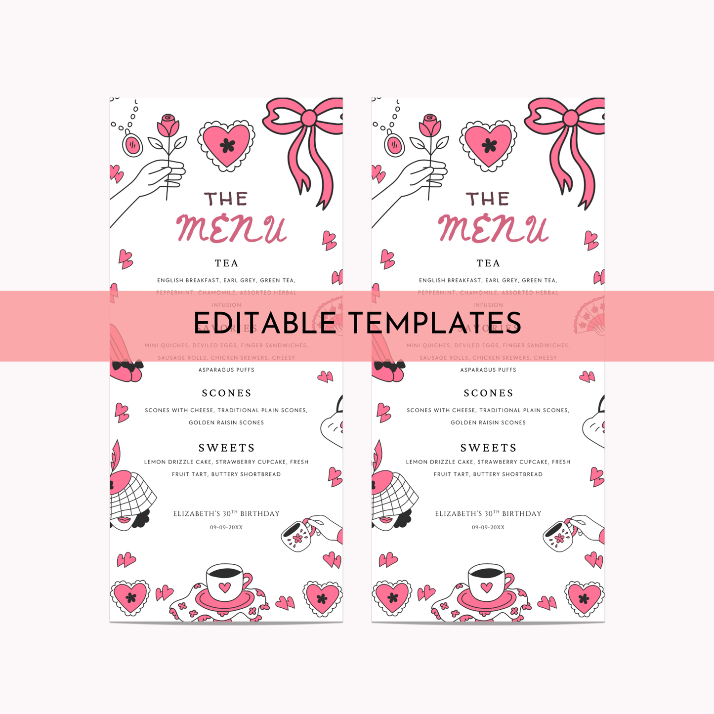 Tea Party Menu Template - Pink Bow