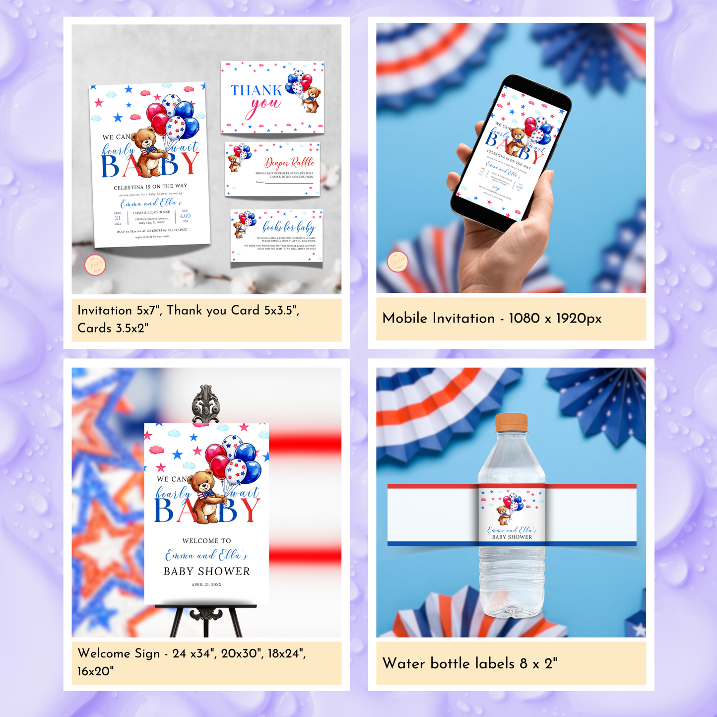 Patriotic Baby Shower Template Bundle - Bear