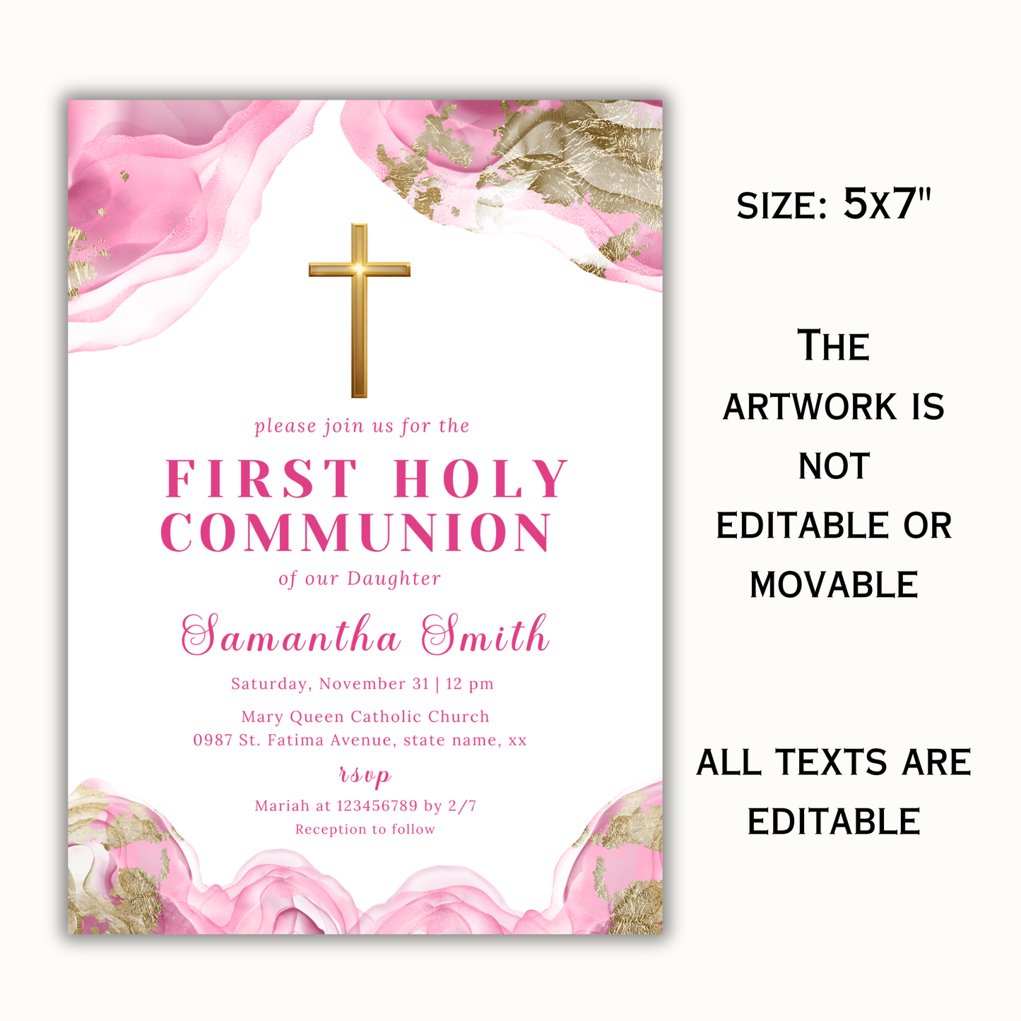 First Holy Communion Invitation - Pink