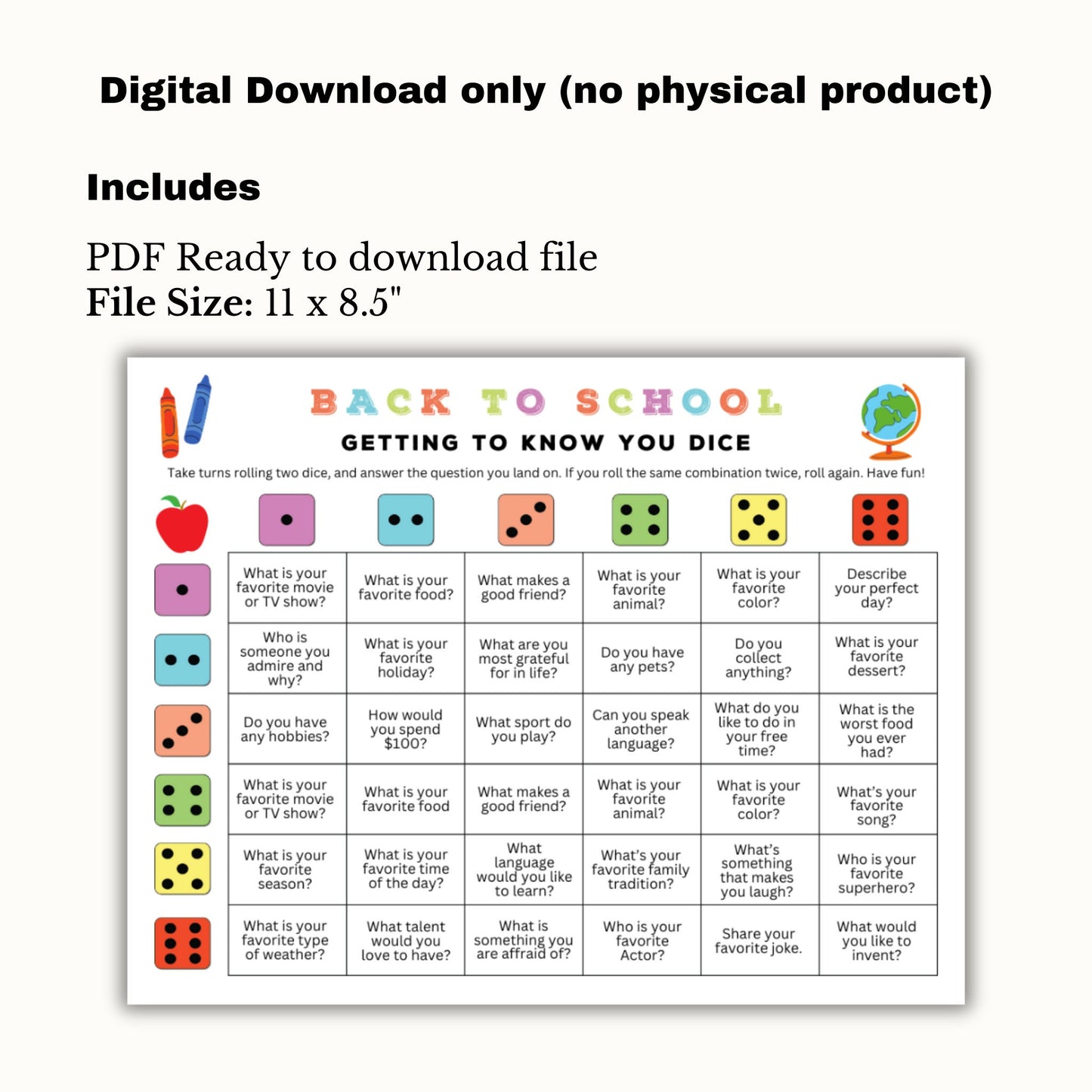 Back to School Dicebreaker Activity