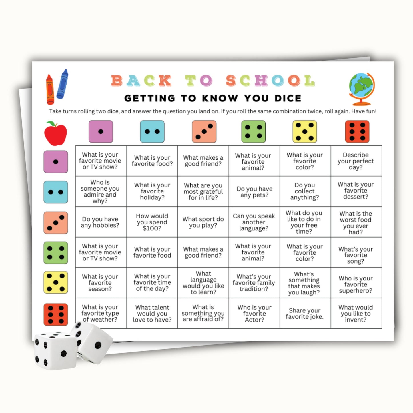 Back to School Dicebreaker Activity