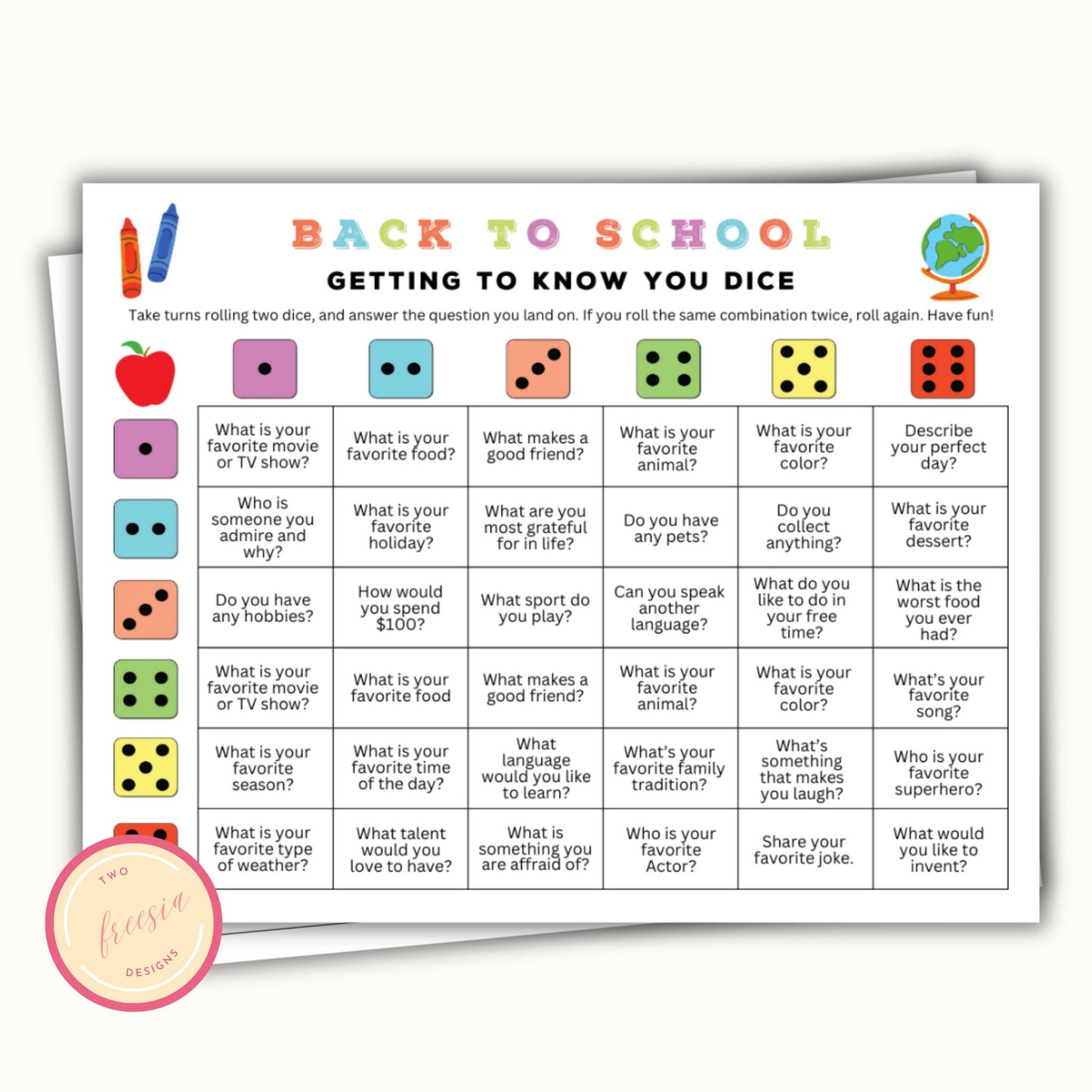 Back to School Dicebreaker Activity