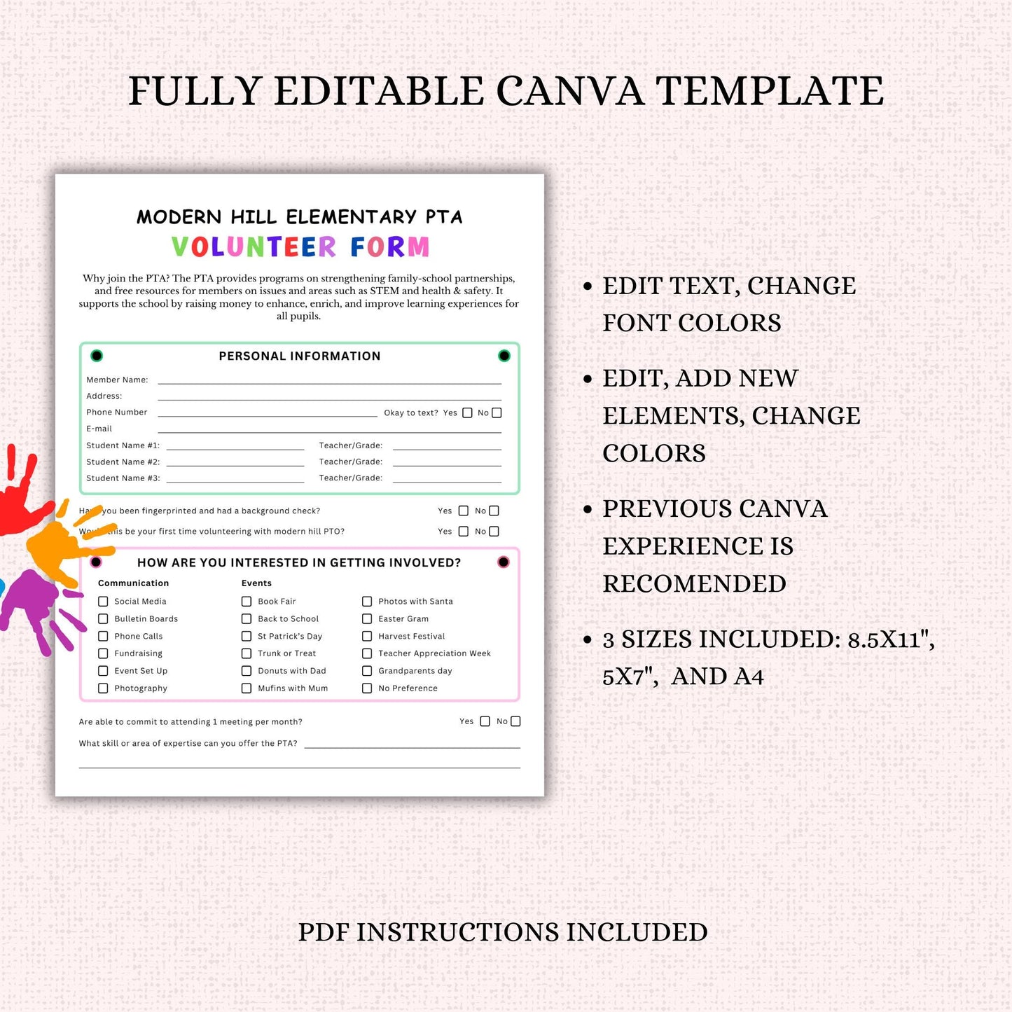 PTO PTA Volunteer Form Template - Editable Canva Template - Membership Sign-Up Form Sheet - PT56