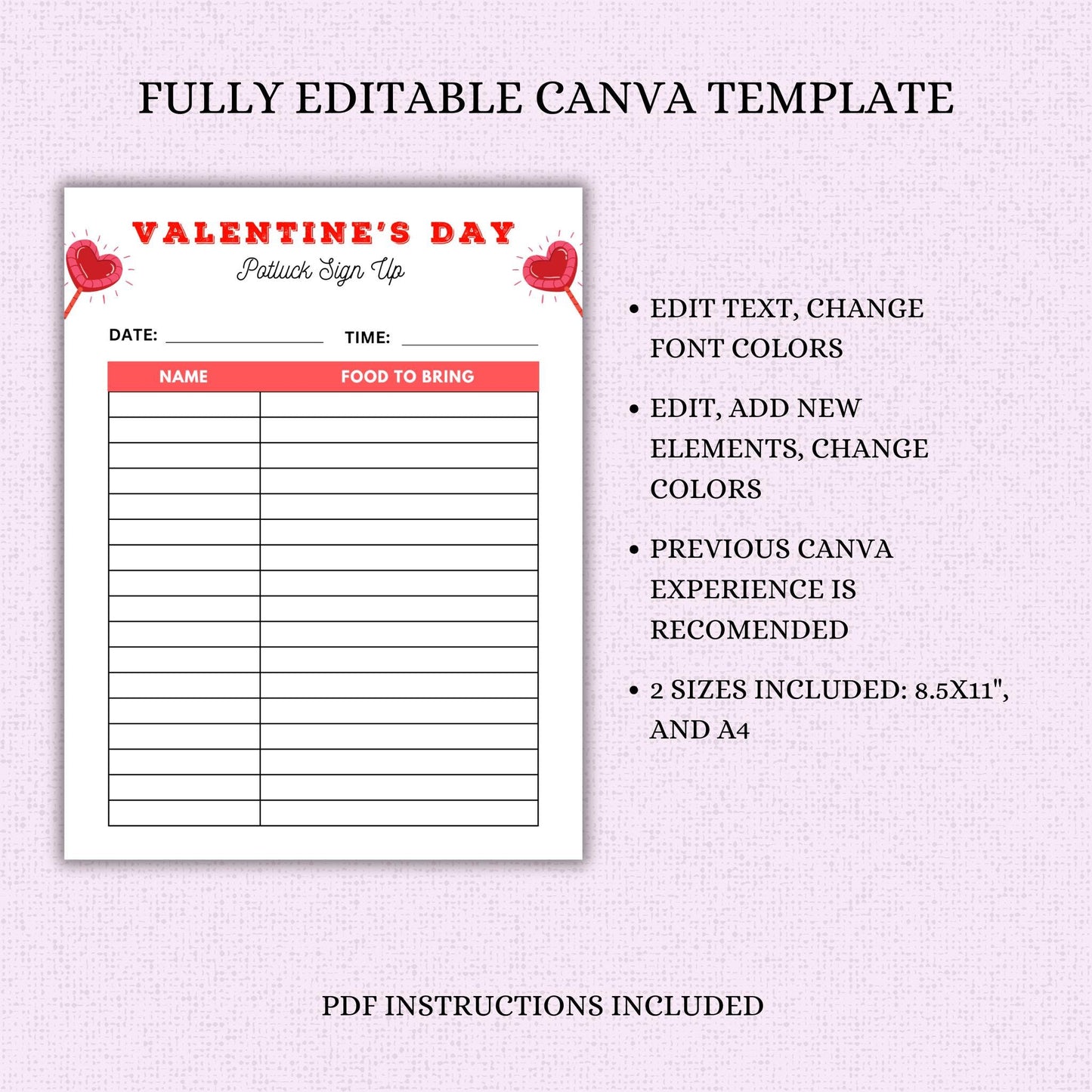 Valentine's Day Potluck Sign-Up Sheet Template