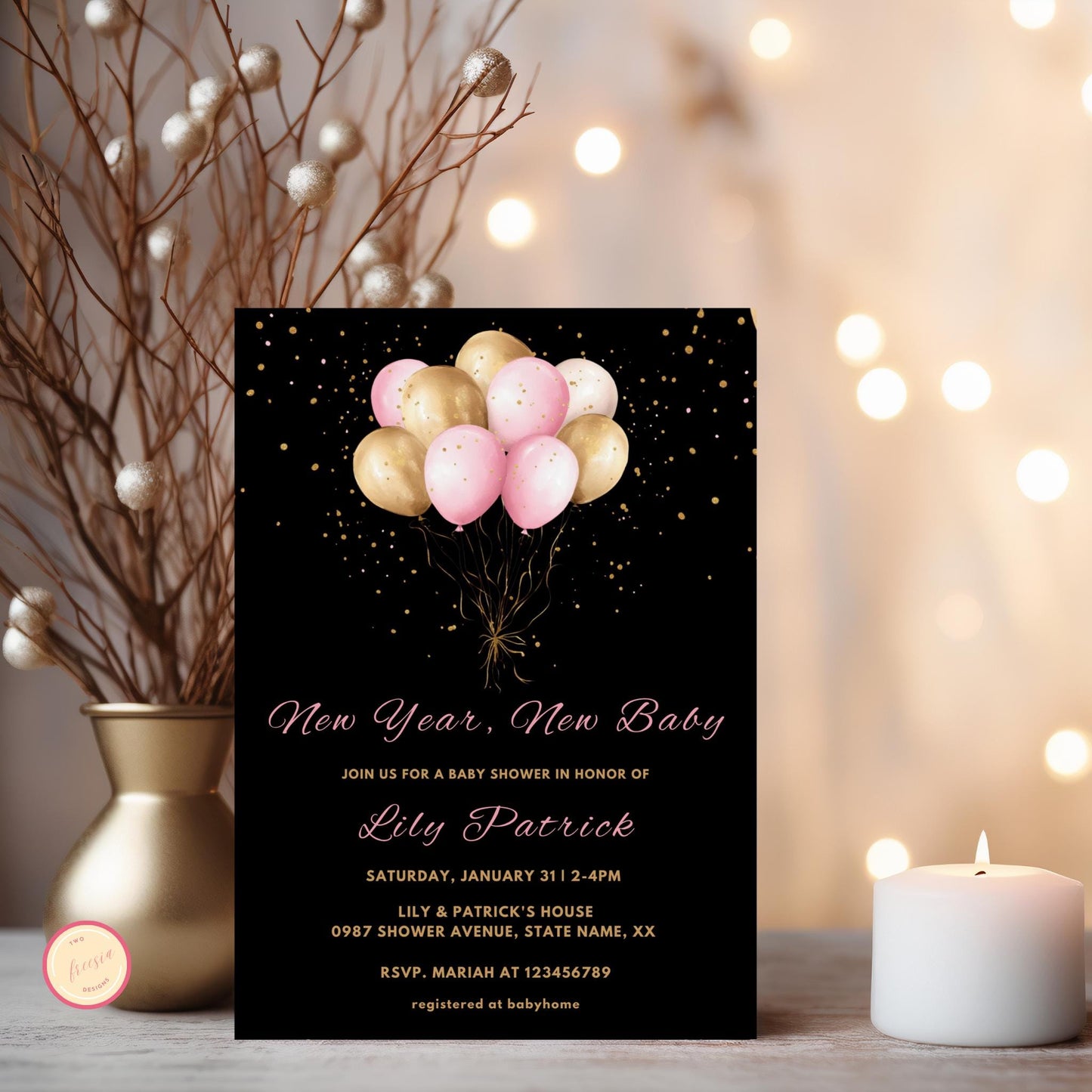 New Year, New Baby Shower Invitation Template | Gold and Pink