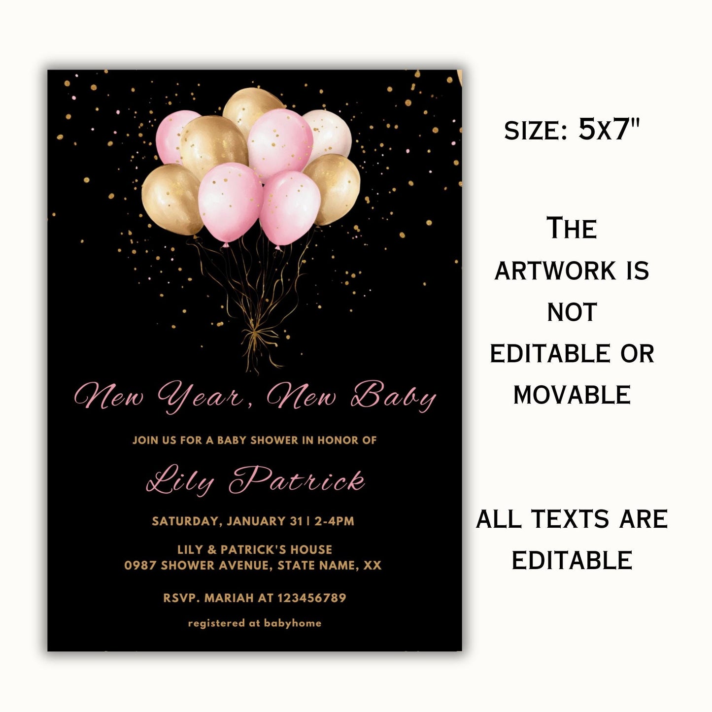 New Year, New Baby Shower Invitation Template | Gold and Pink