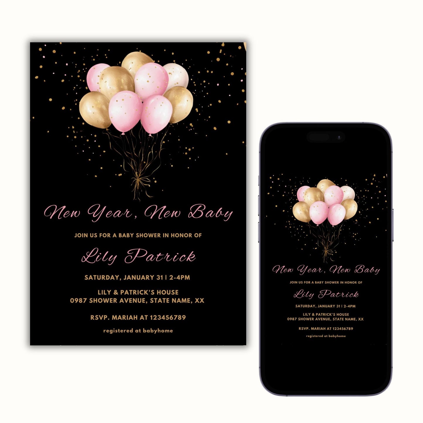 New Year, New Baby Shower Invitation Template | Gold and Pink