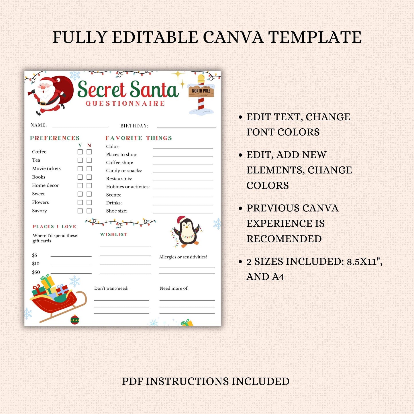 Editable Secret Santa Questionnaire Printable