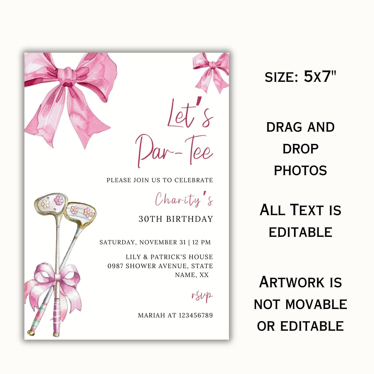 Pink Bow & Club Golf Birthday Invitation