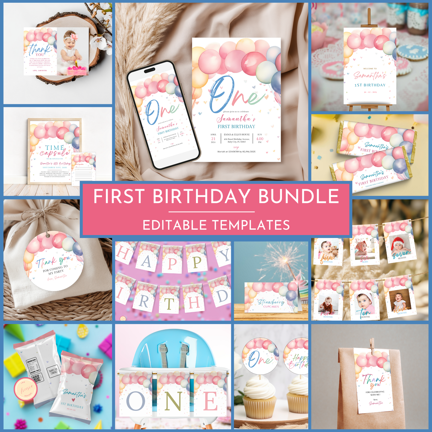 Pastel Rainbow 1st Birthday Template Bundle