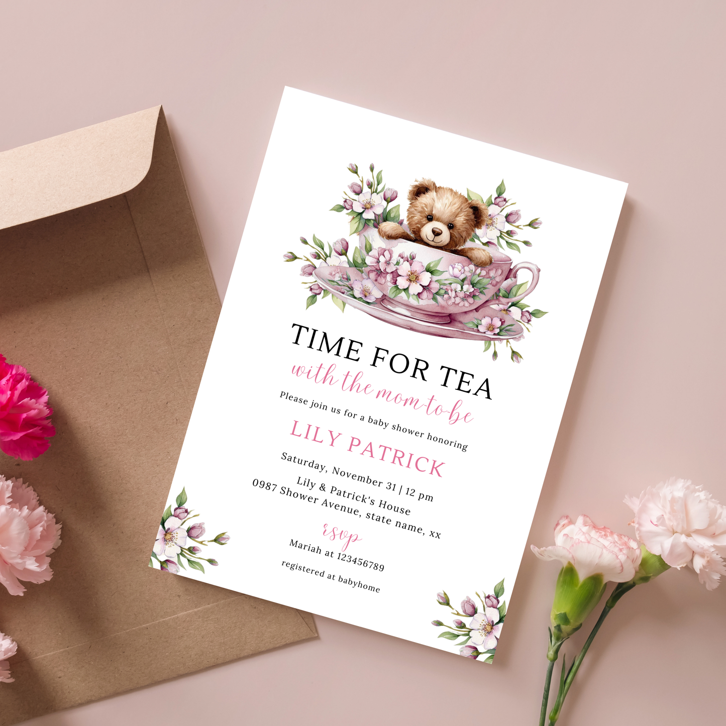 Time For Tea With The Mom To Be Invitation Set - Blush Pink