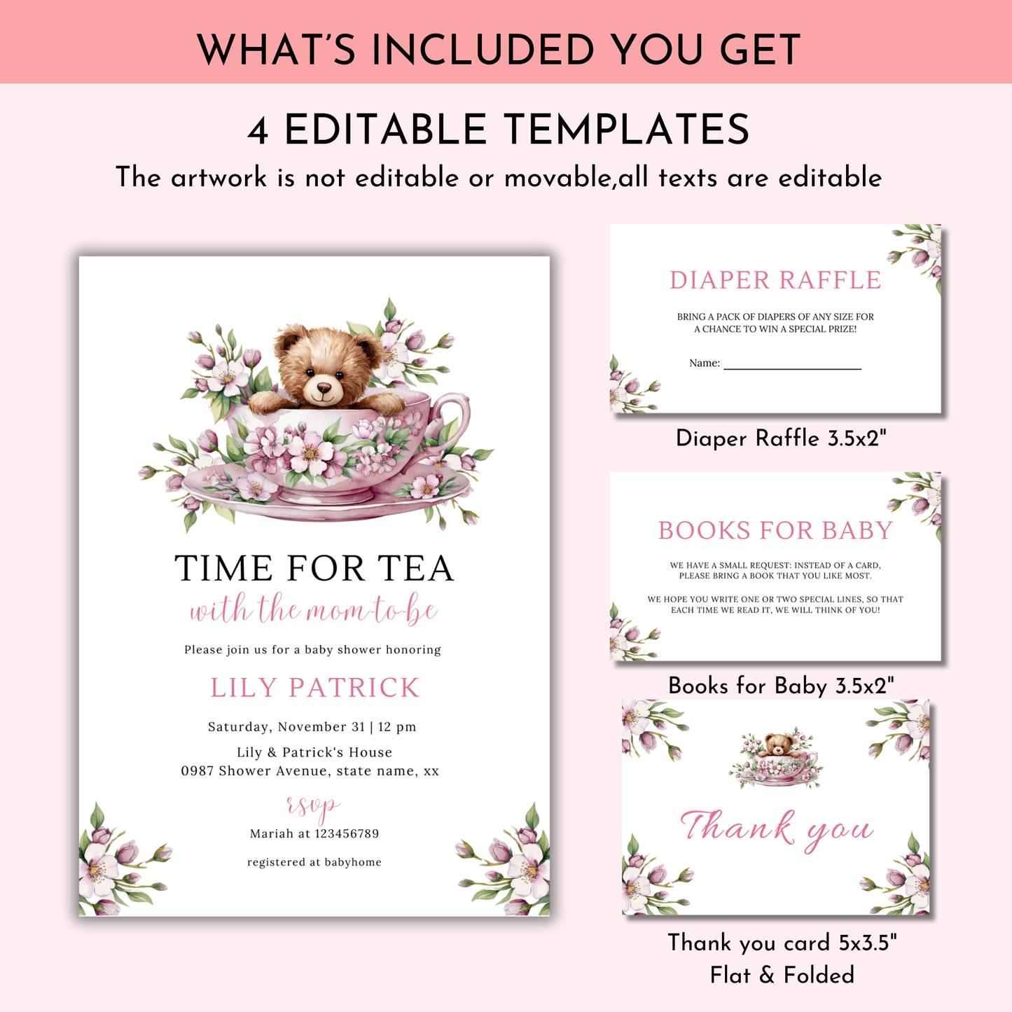 Time For Tea With The Mom To Be Invitation Set - Blush Pink