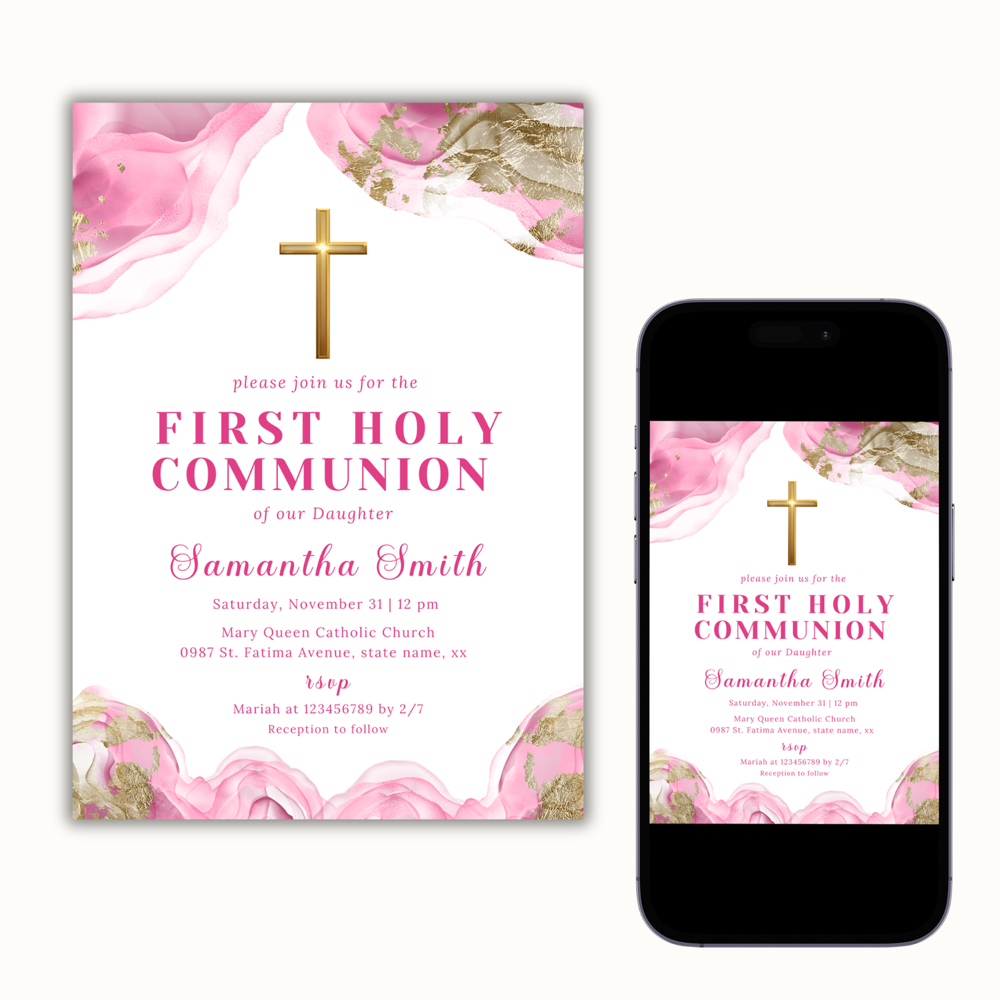 First Holy Communion Invitation - Pink
