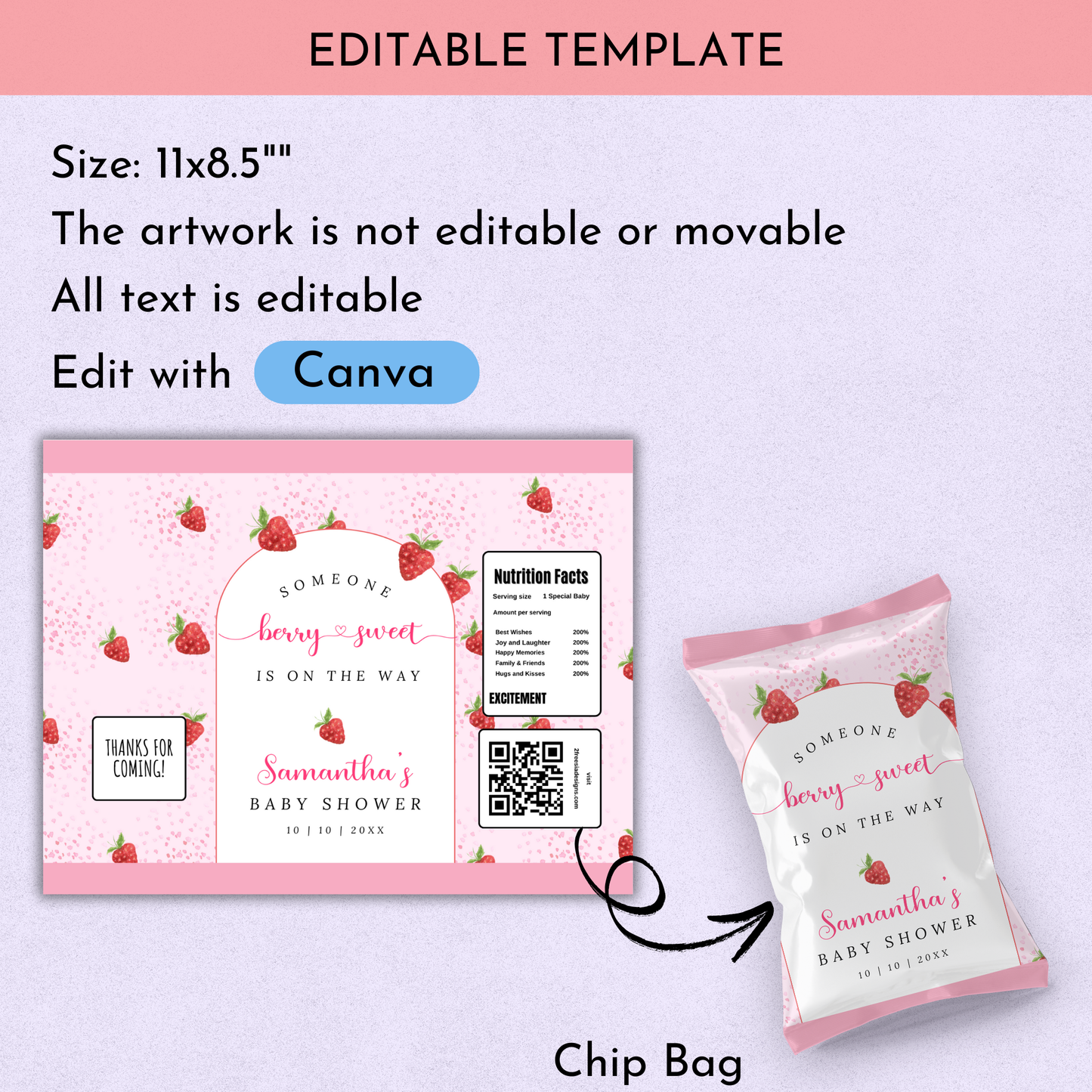 Berry Sweet Baby Shower Chip Bag Template