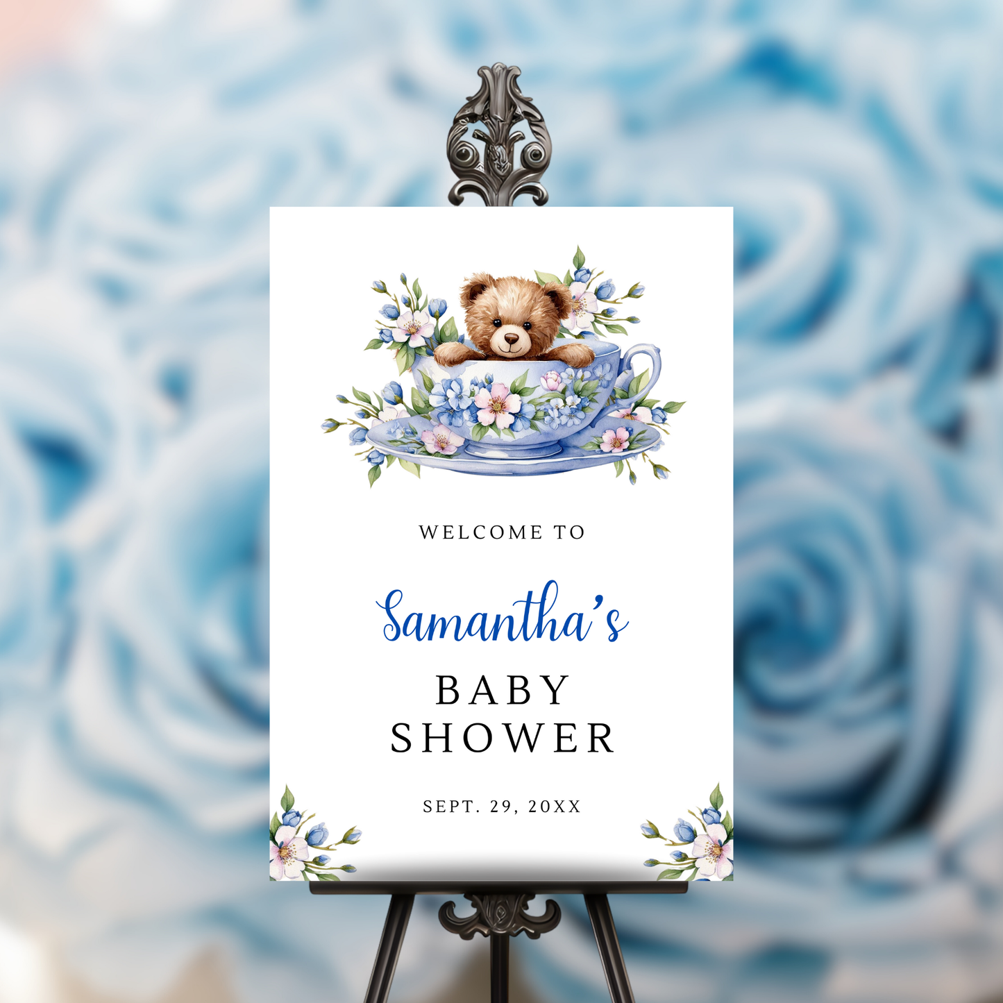 Time for Tea Baby Shower Welcome Sign - Blue Floral