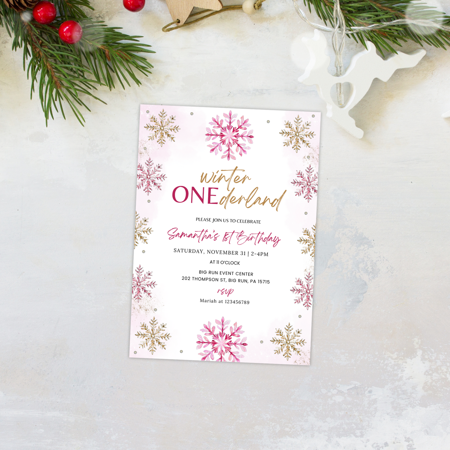 Winter 1st Birthday Invitation - Pink