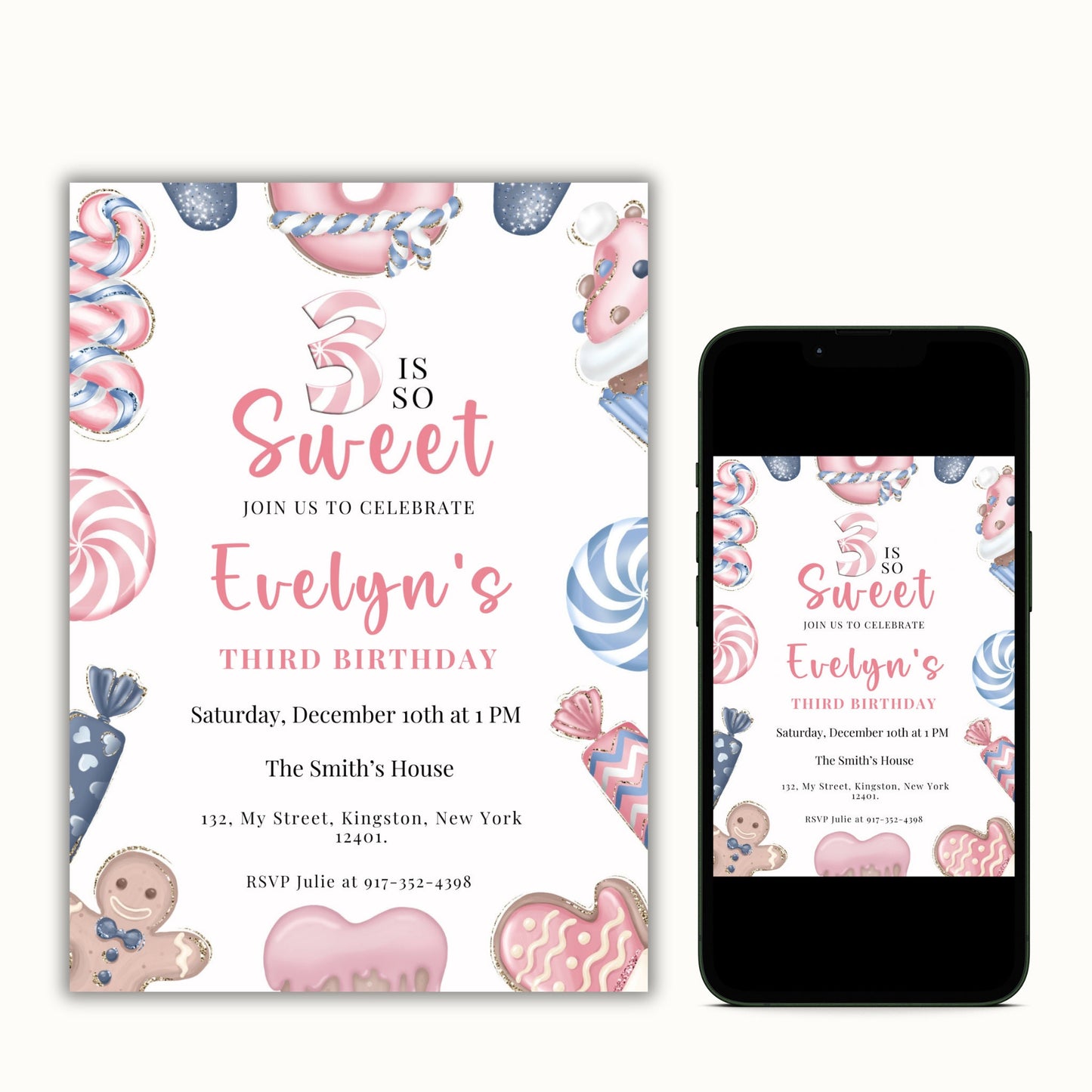 3 is so Sweet Editable Christmas Birthday Invitation