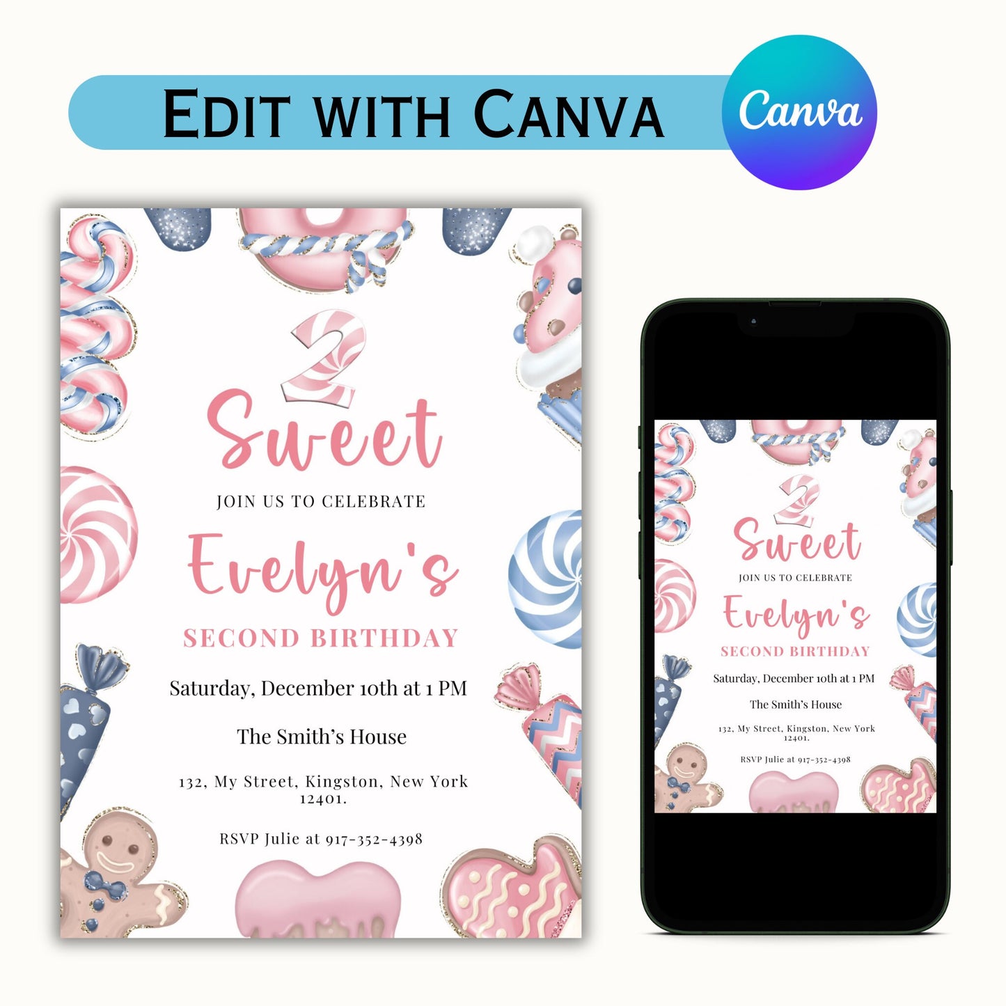 Two Sweet Editable Christmas Birthday Invitation