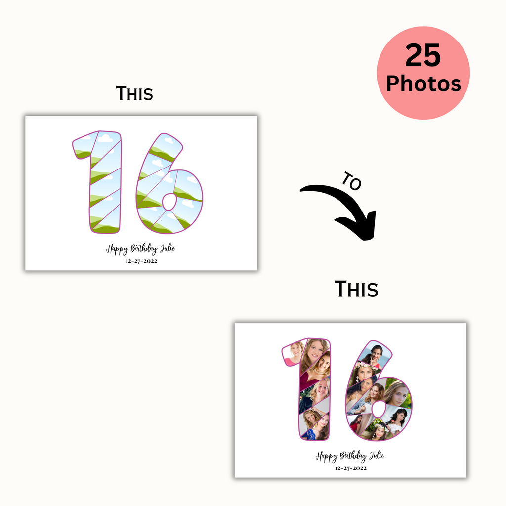 Customizable Number 16 Photo Collage - for Birthdays and Anniversaries