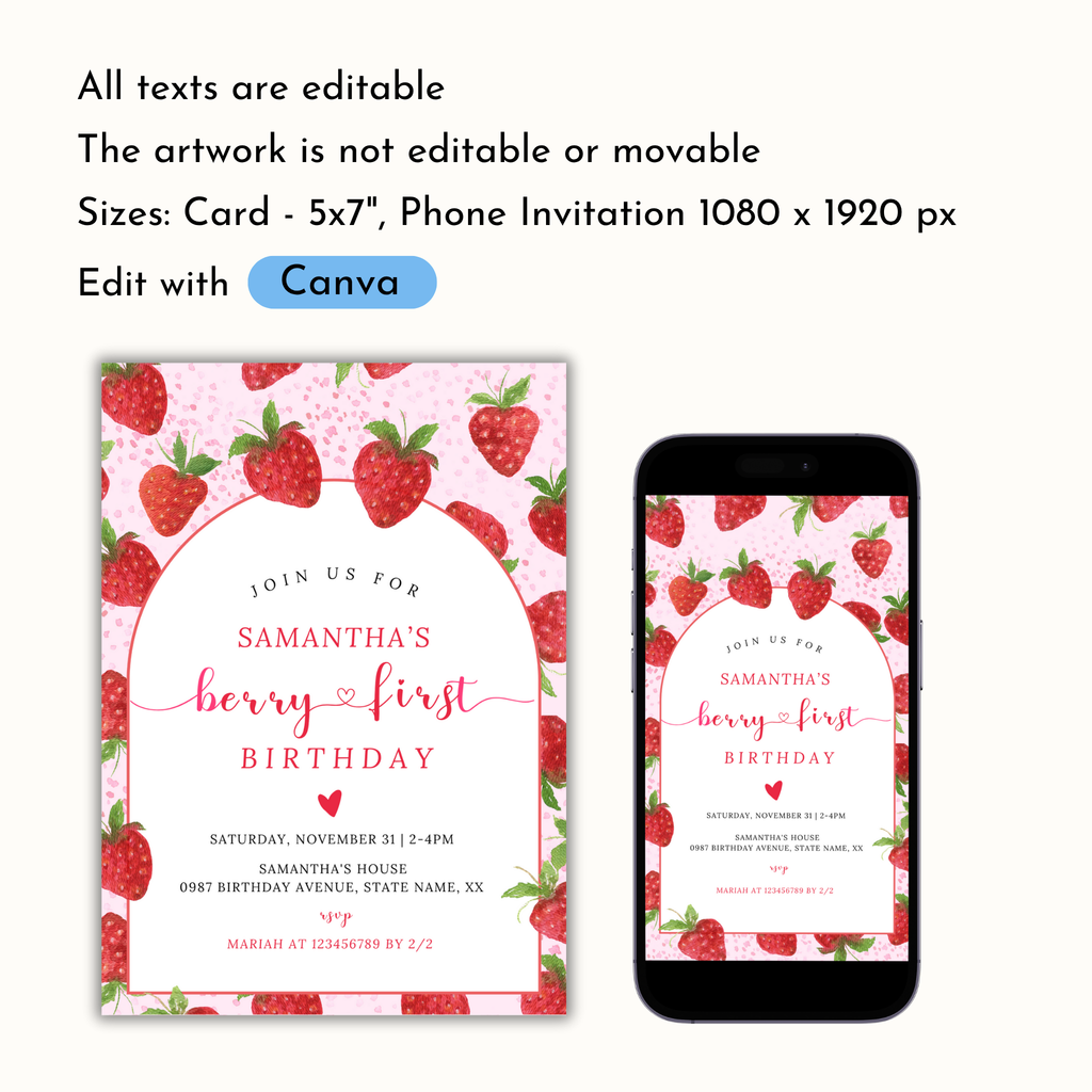 Strawberry 1st Birthday Invitation