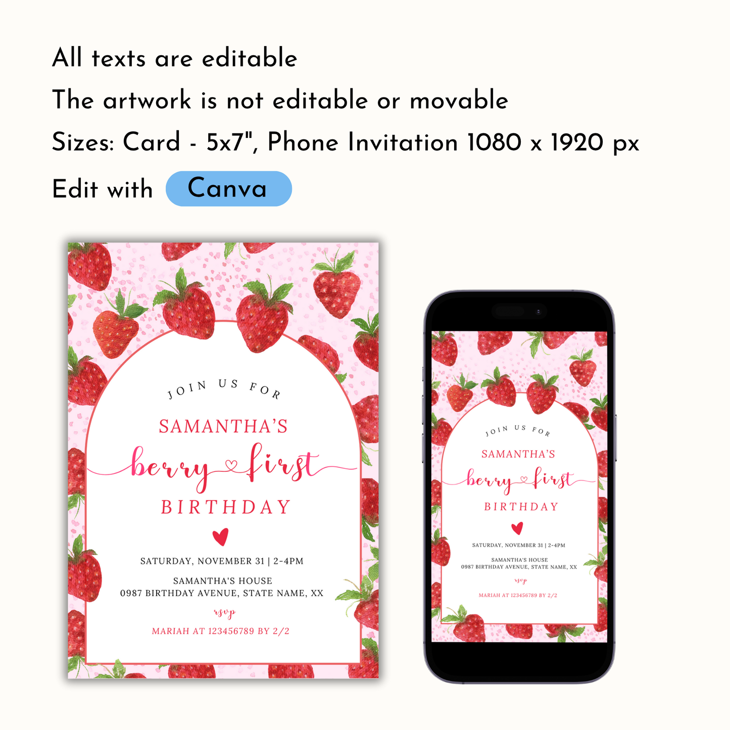 Strawberry 1st Birthday Invitation