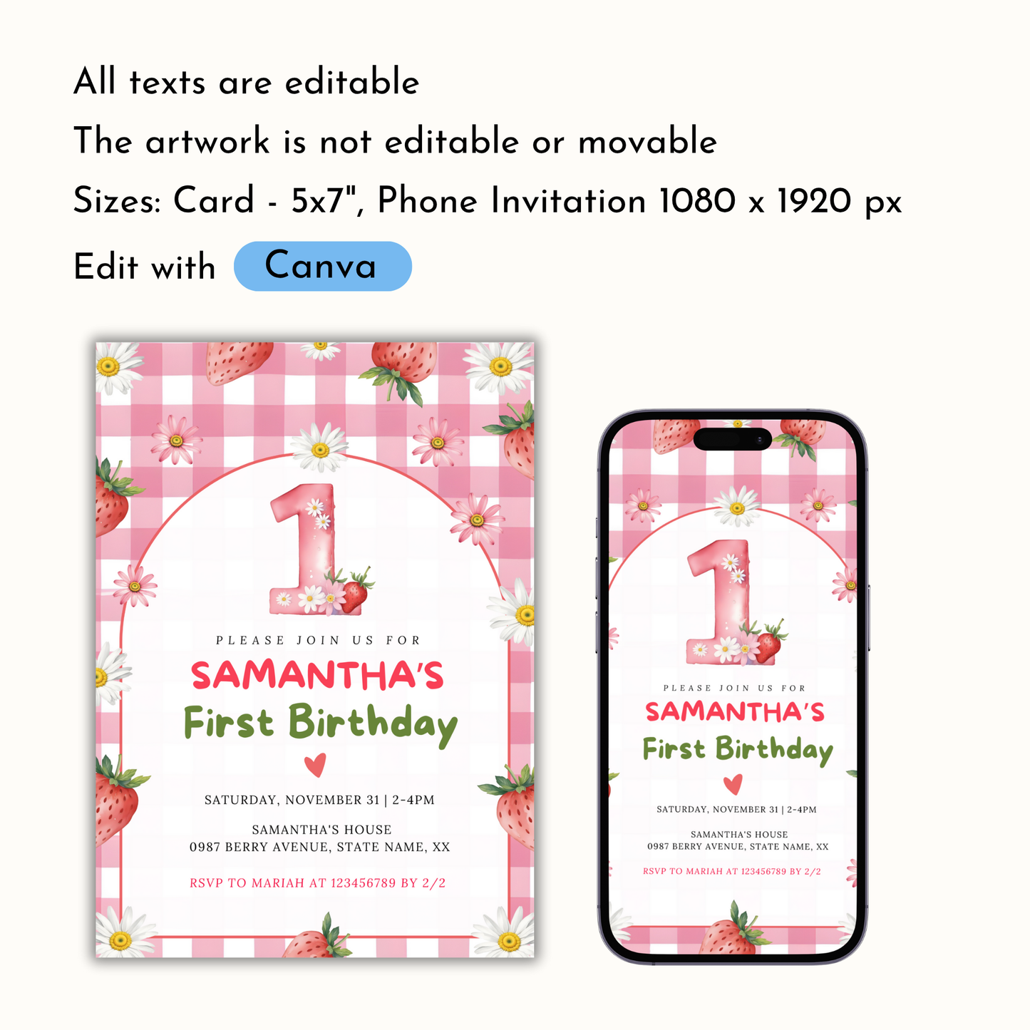 Strawberry First Birthday Invitation
